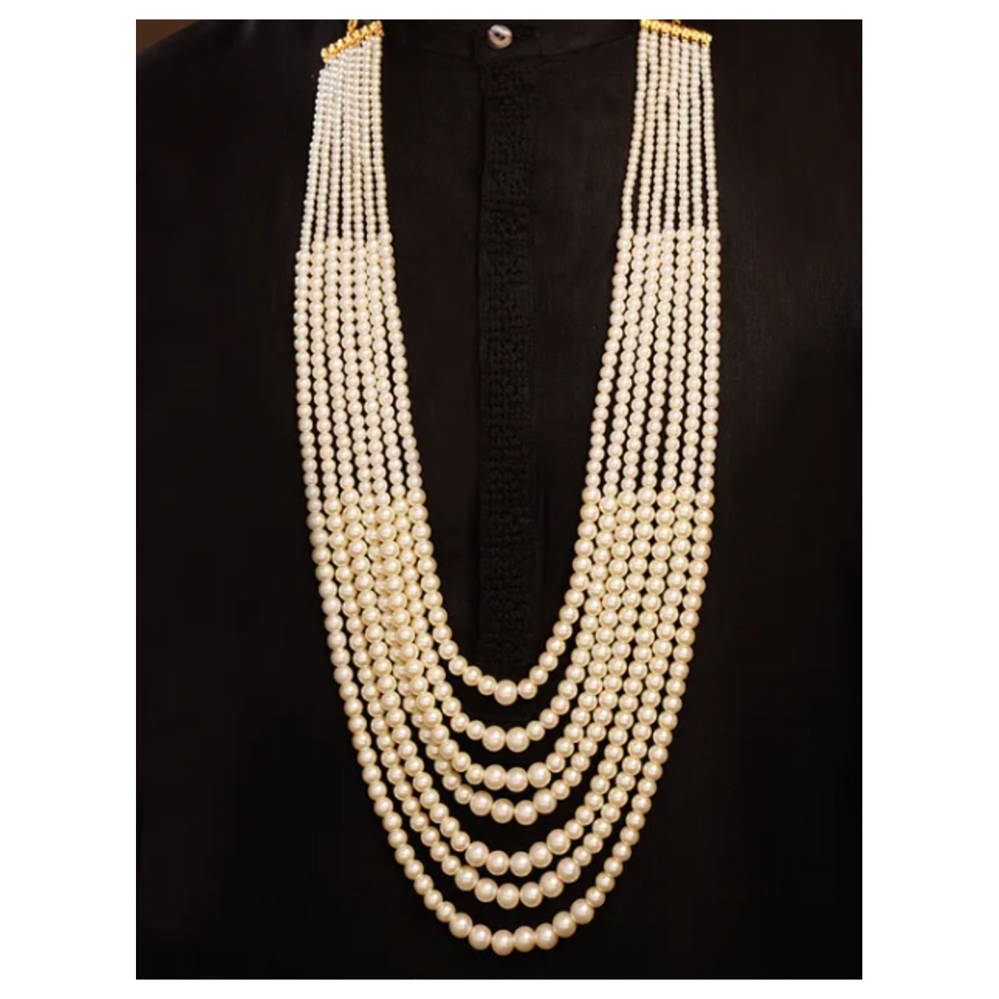 White Beaded Layered Necklace With Pearls For Men 
