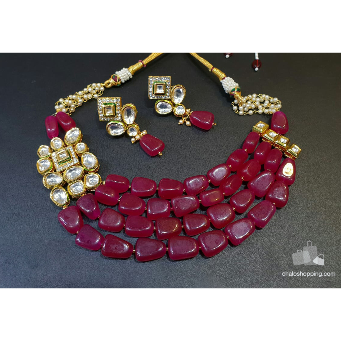High Quality Designer Kundan Inspired Red Agate Necklace Set
