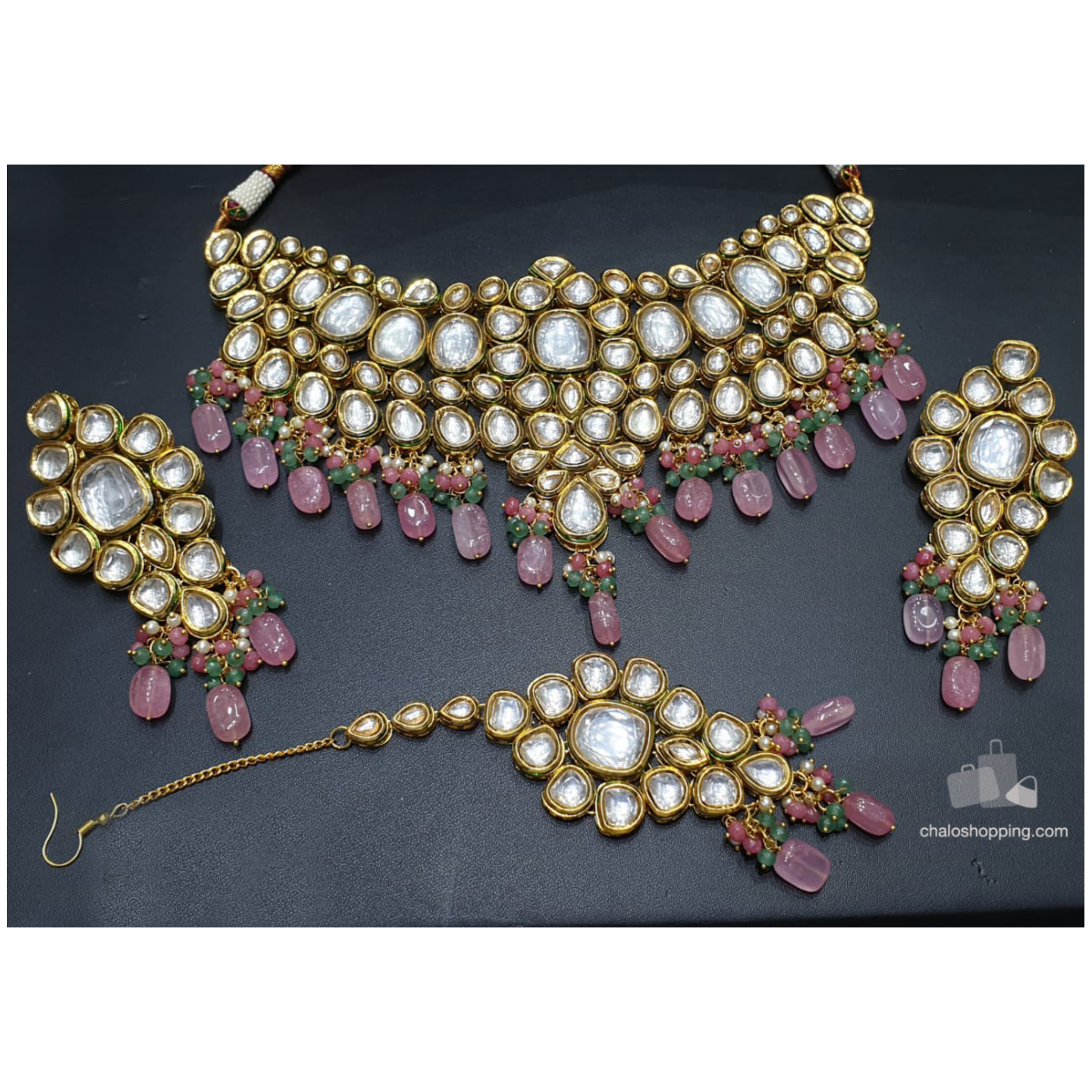 High Quality Semi Bridal Kundan Necklace With Earring and Tika (Rose Quartz)