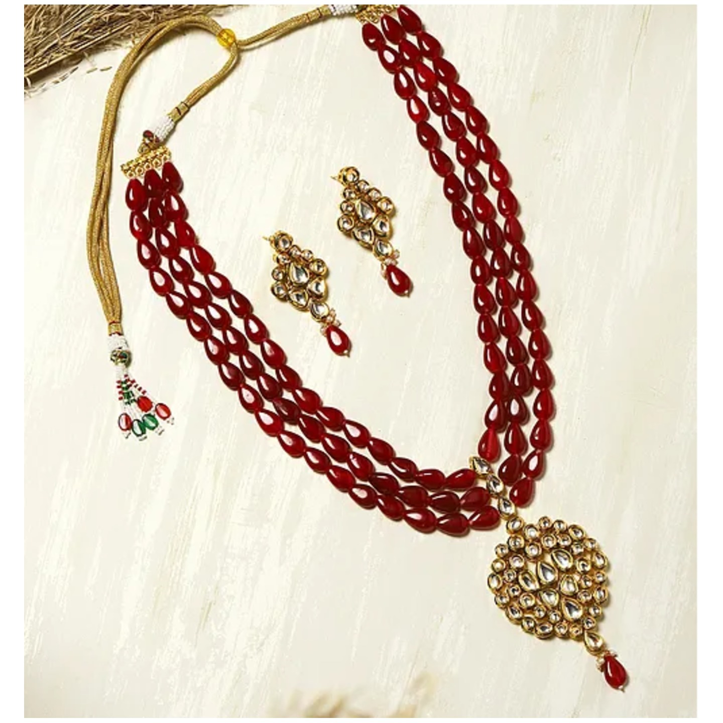 Maroon Gold Tone Kundan Beaded Necklace Set With Earring