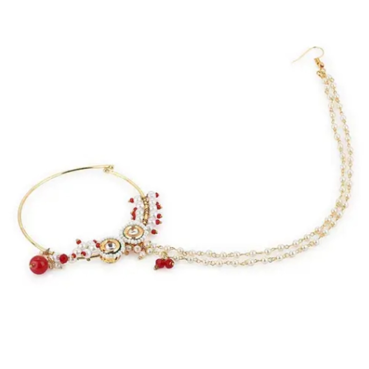 Red Gold Tone Plated Kundan Nose Ring 