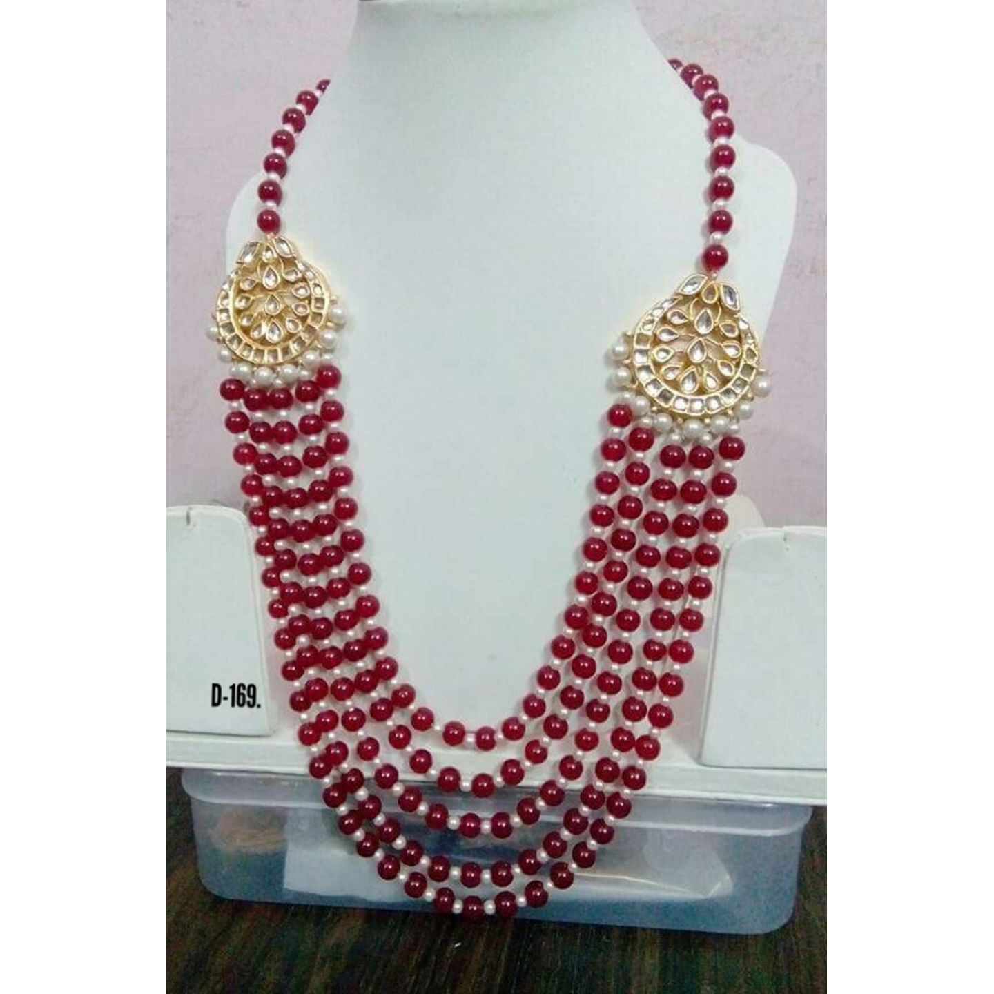 Kundan Long Necklace Set Ruby Red Onyx Pearl