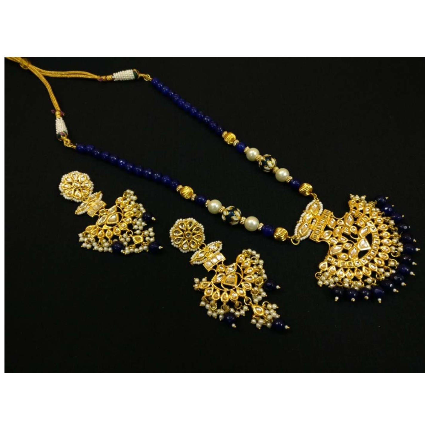 Kundan Necklace Set With Earring Blue Onyx Pearls