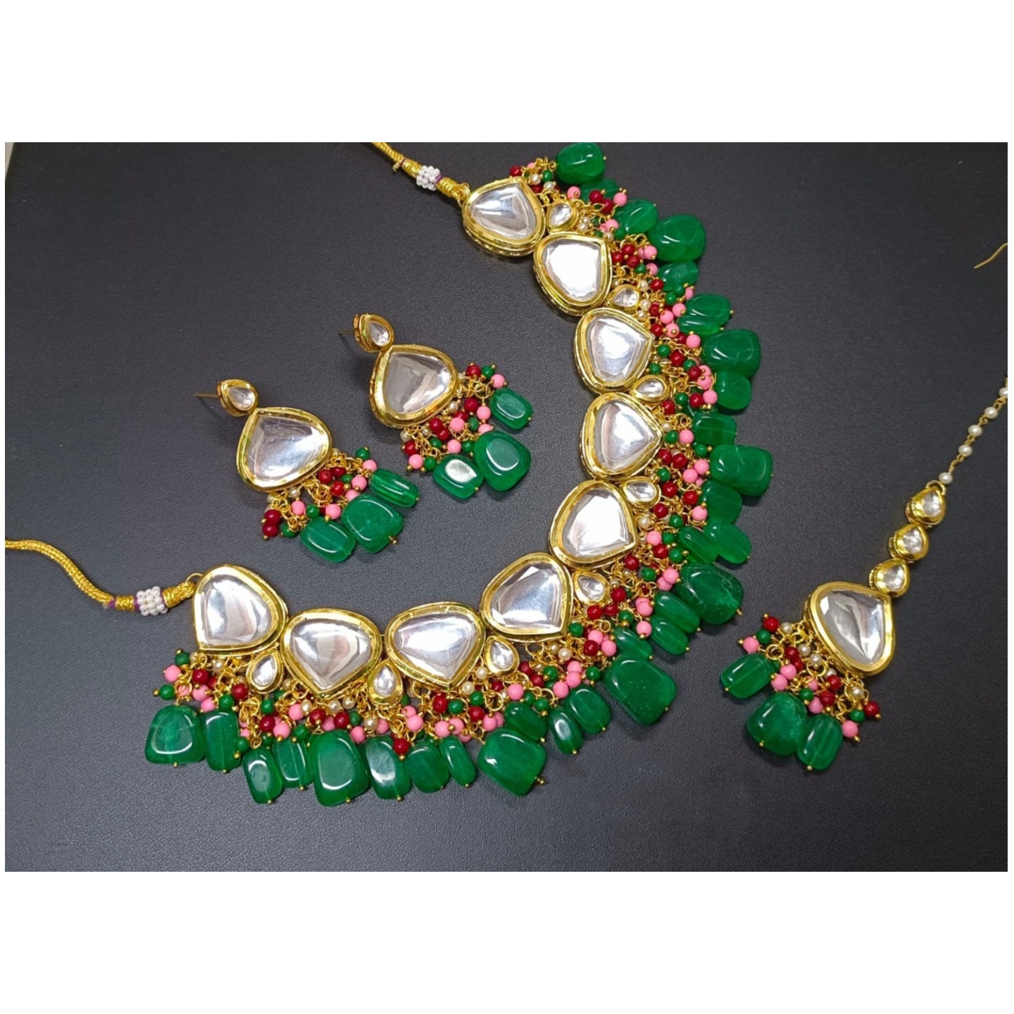 Gold Tone Kundan Necklace Set With Earring Tikka Green Onyx Stone