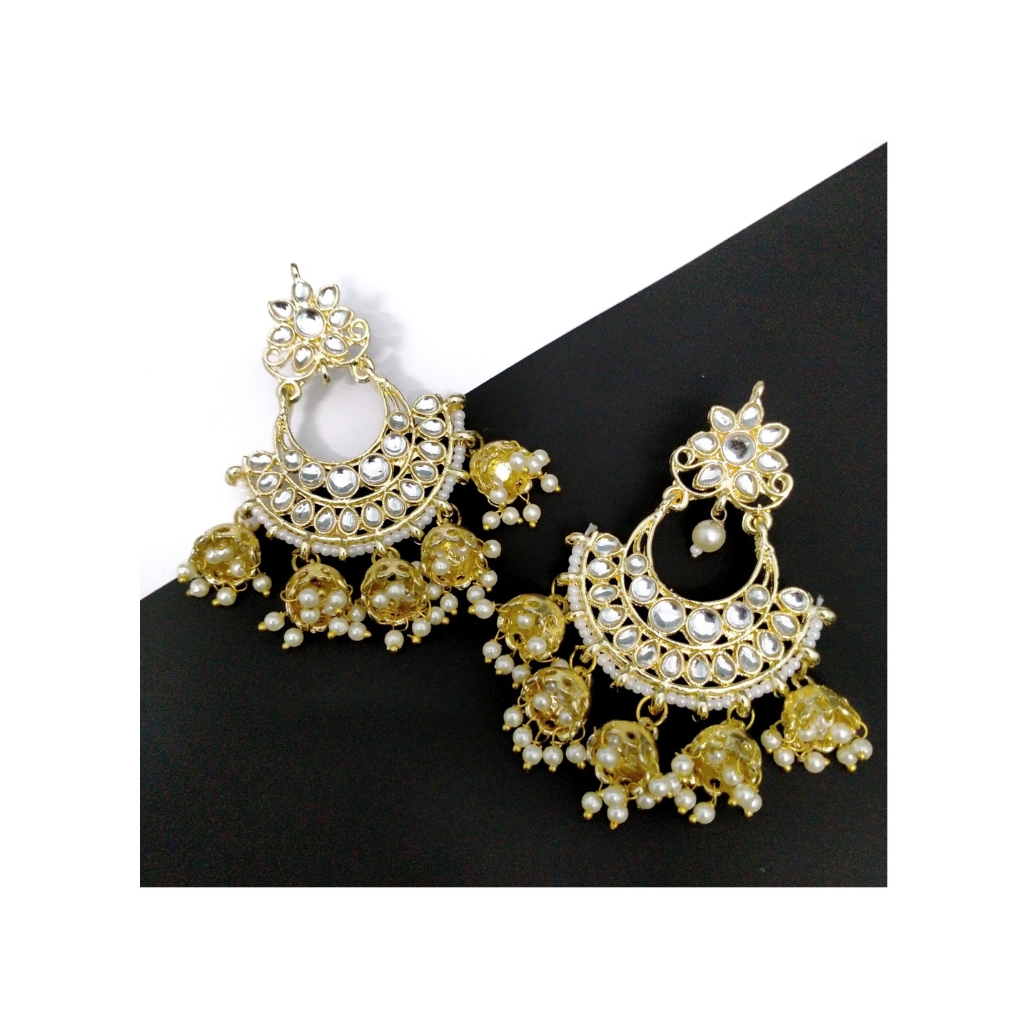 Gold Plated Multi Jhumki Kundan Chaandbali With Pearls
