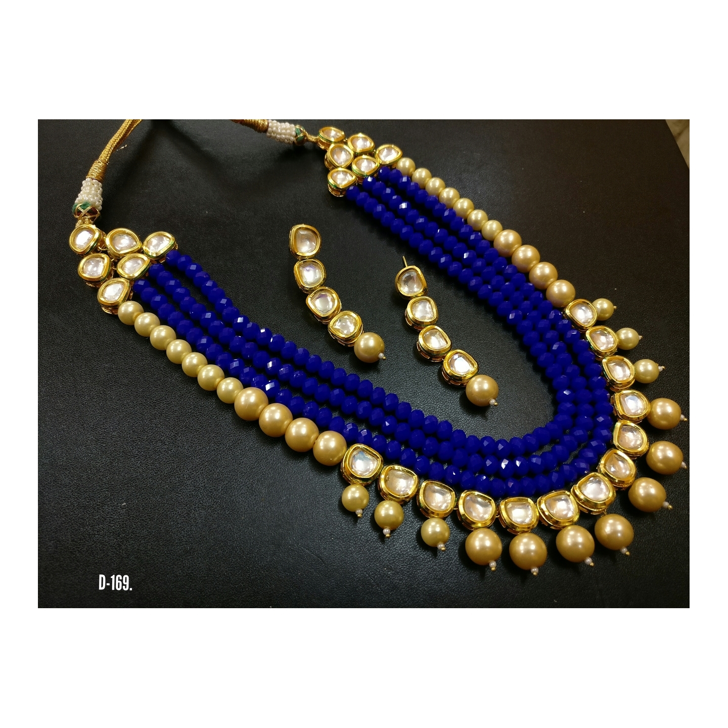 Gold Tone Kundan Long Set With Earring Blue Pearls