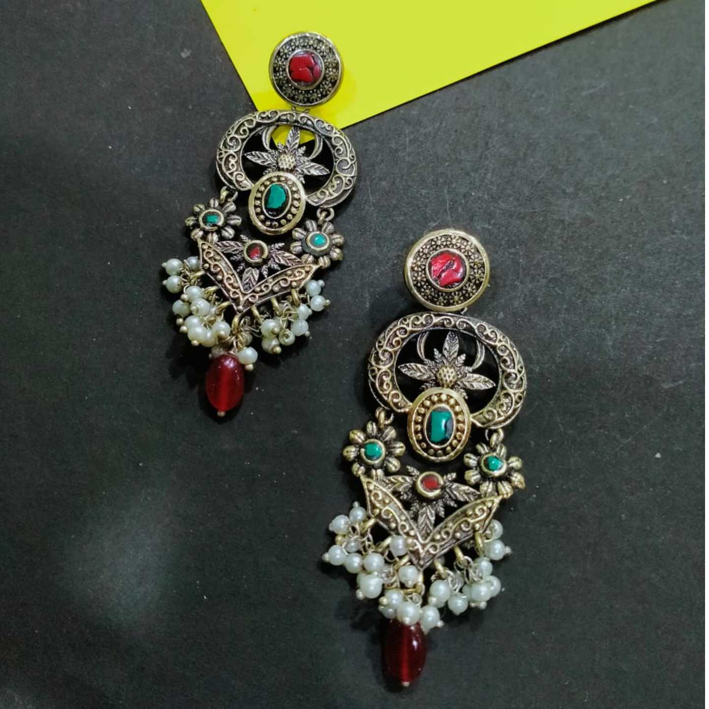 Tribal Silver Earring With Pearls , Stone And Turquoise