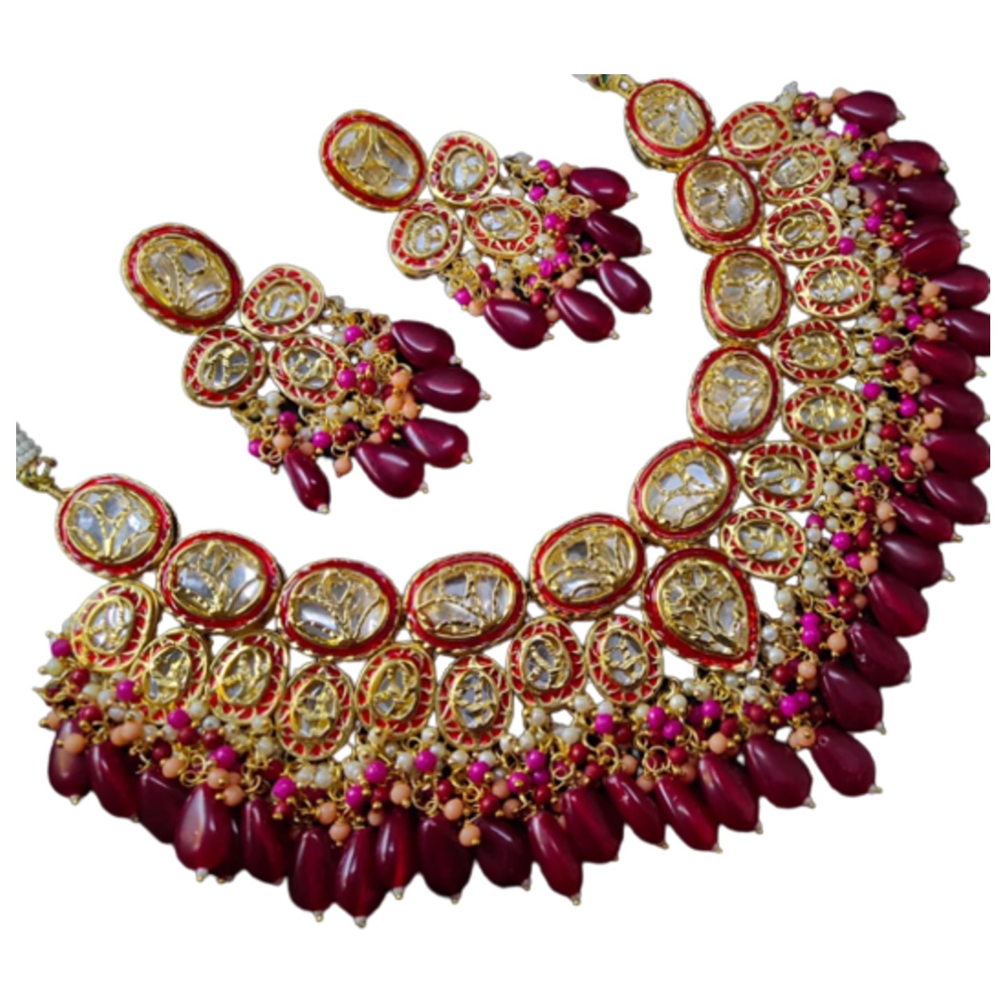 Gold Tone Kundan Necklace Set With Earring Ruby Maroon Stone