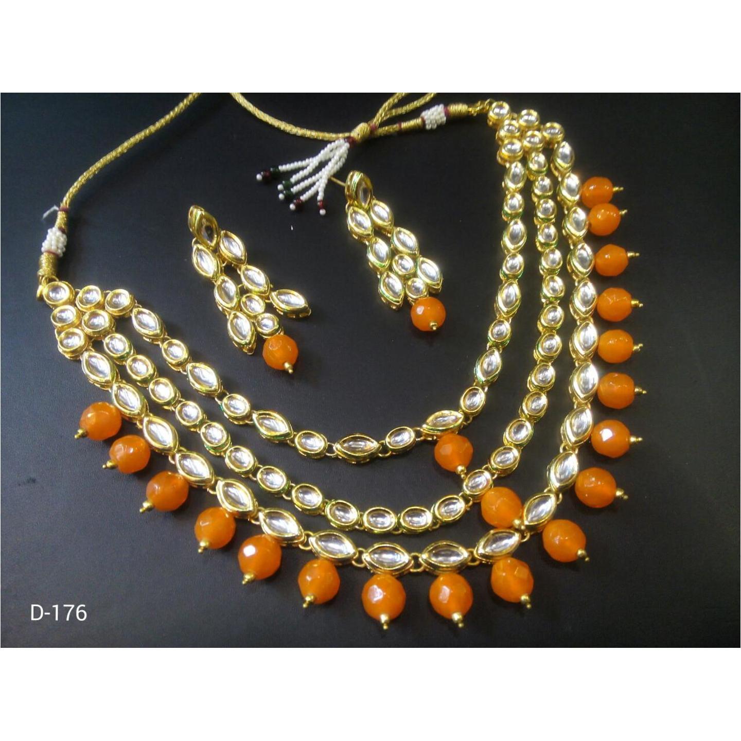 Kundan Triple Layer  With Earring Yellow Stone