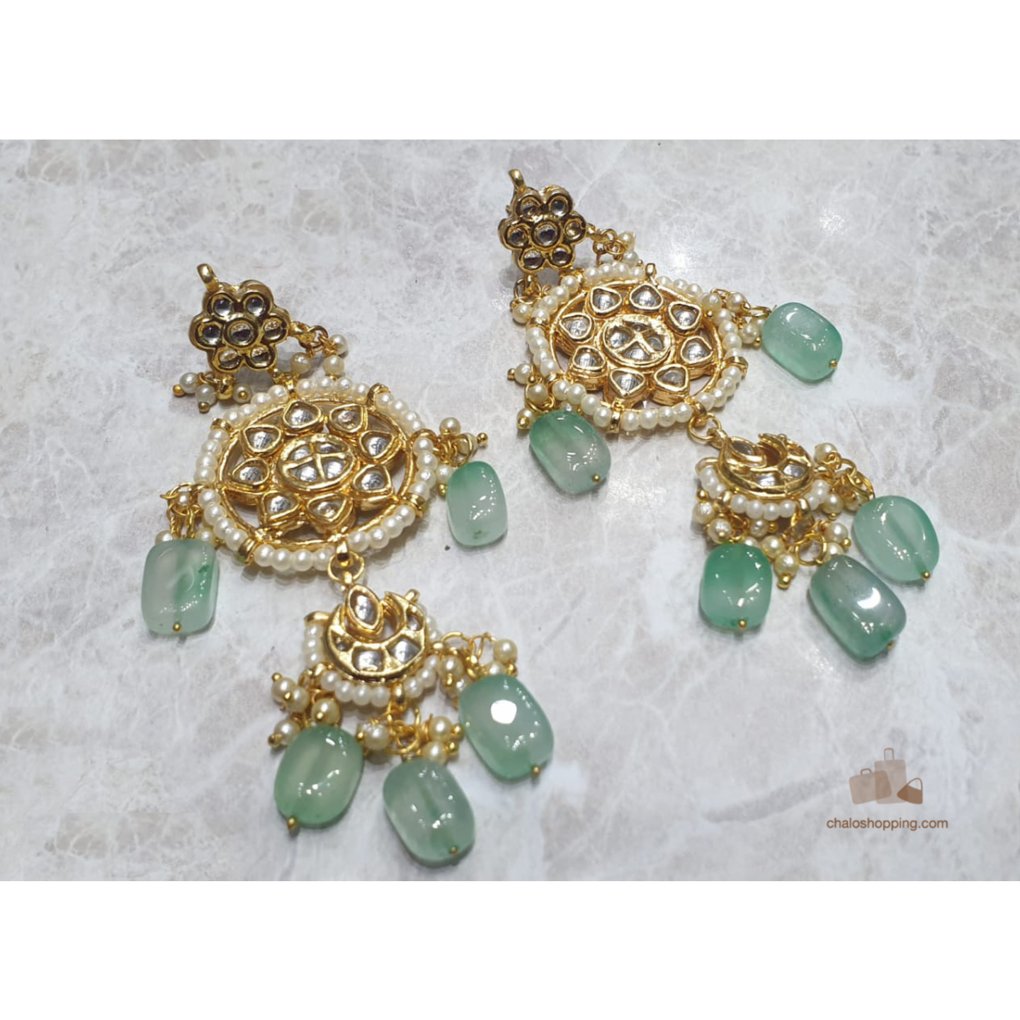 Sea Green Agate Kundan Inspired Earrings