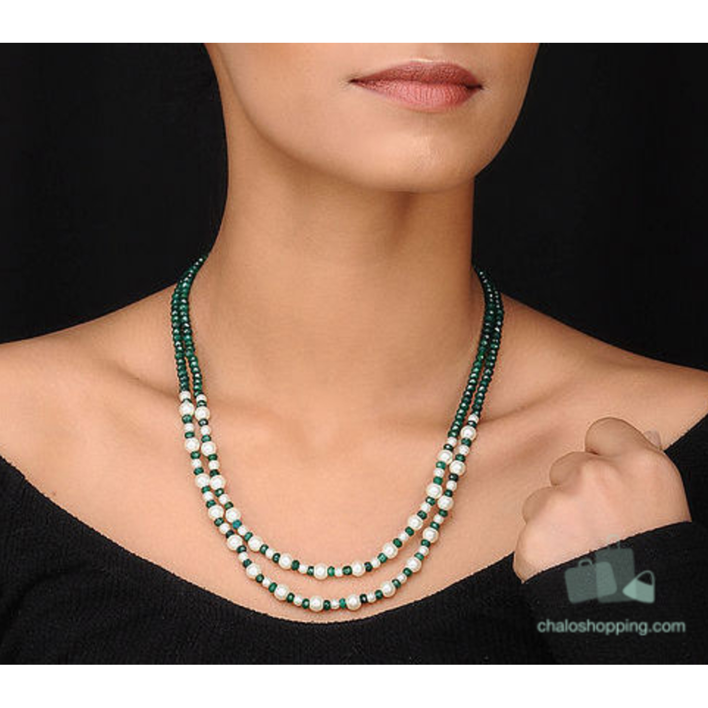 Green Onyx and Faux Pearl Double Layer Necklace