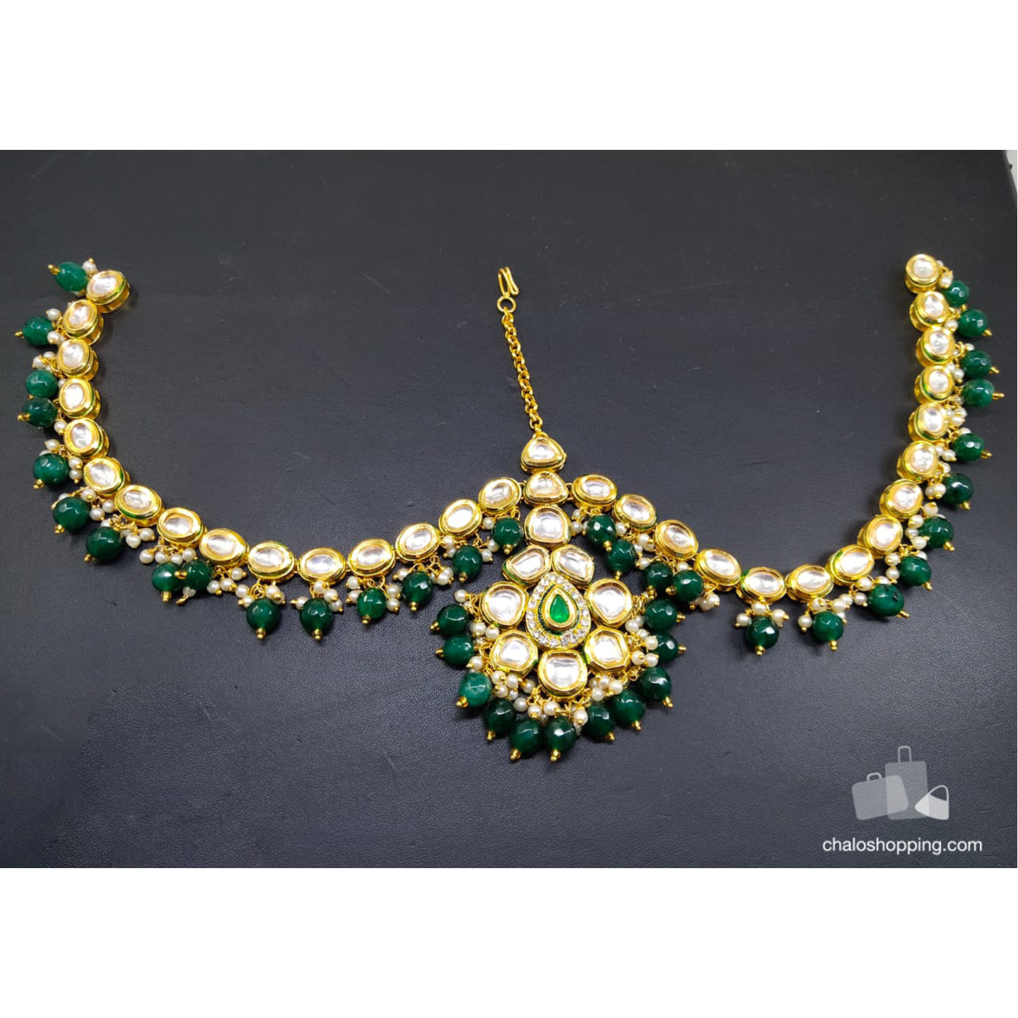 High Quality Kundan Mathapatti Green Onyx