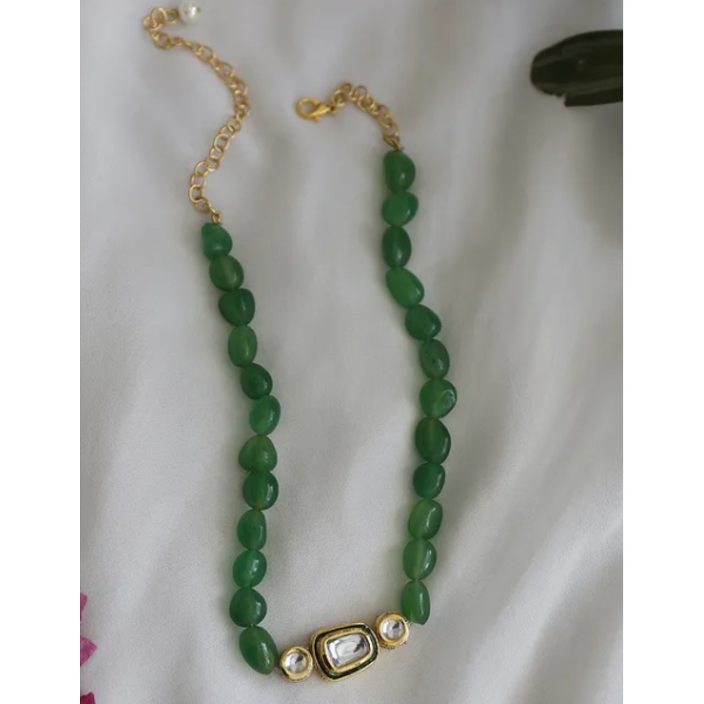 Green Gold Plated Polki Beaded Necklace