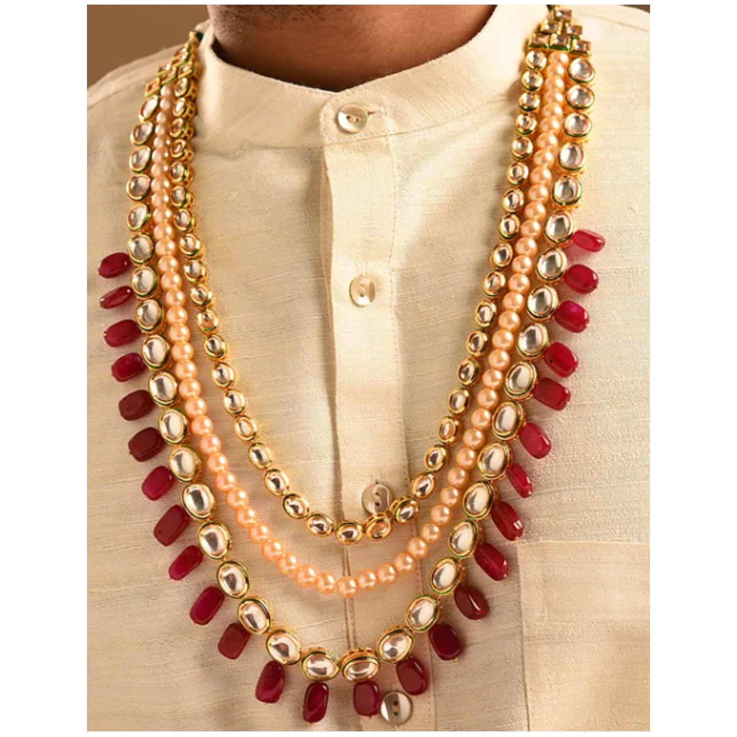 Maroon Gold Tone Kundan Necklace For Men