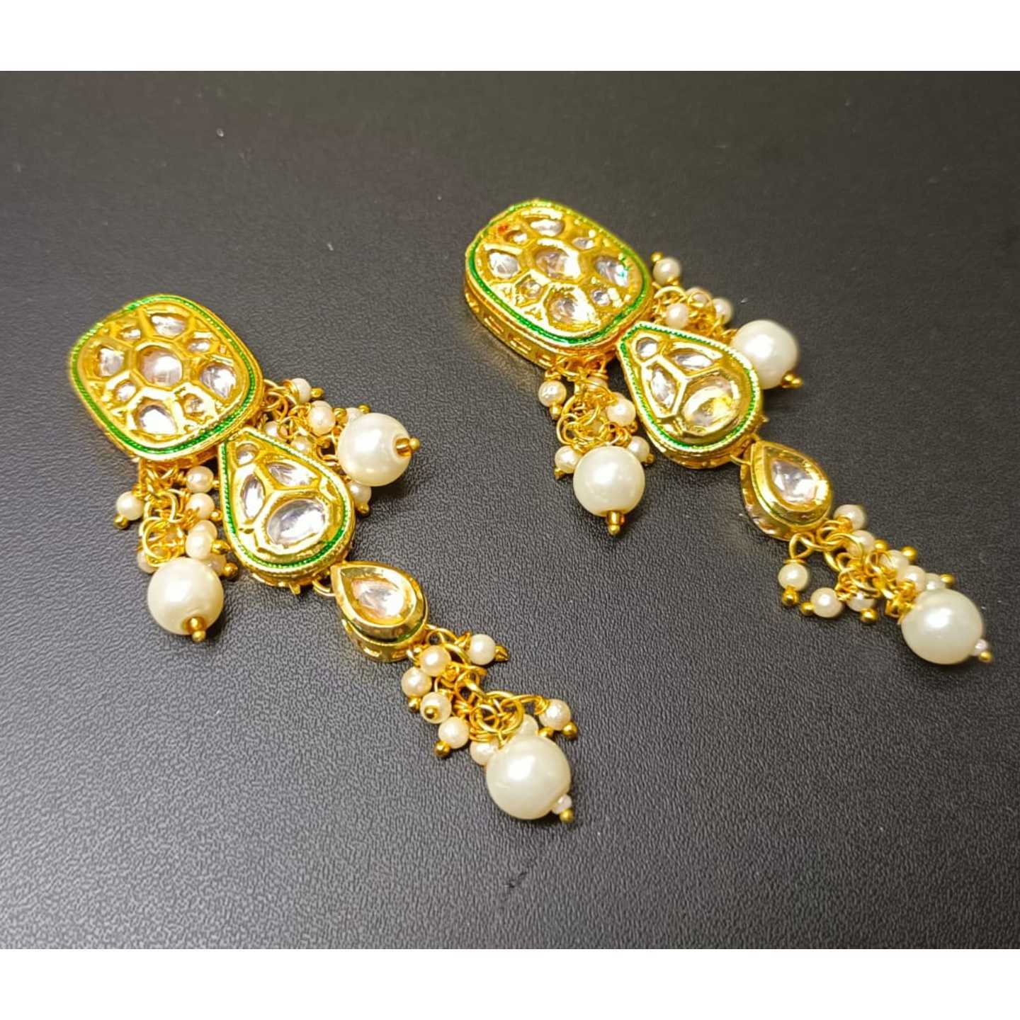 White Gold Tone Kundan Earring Onyx 