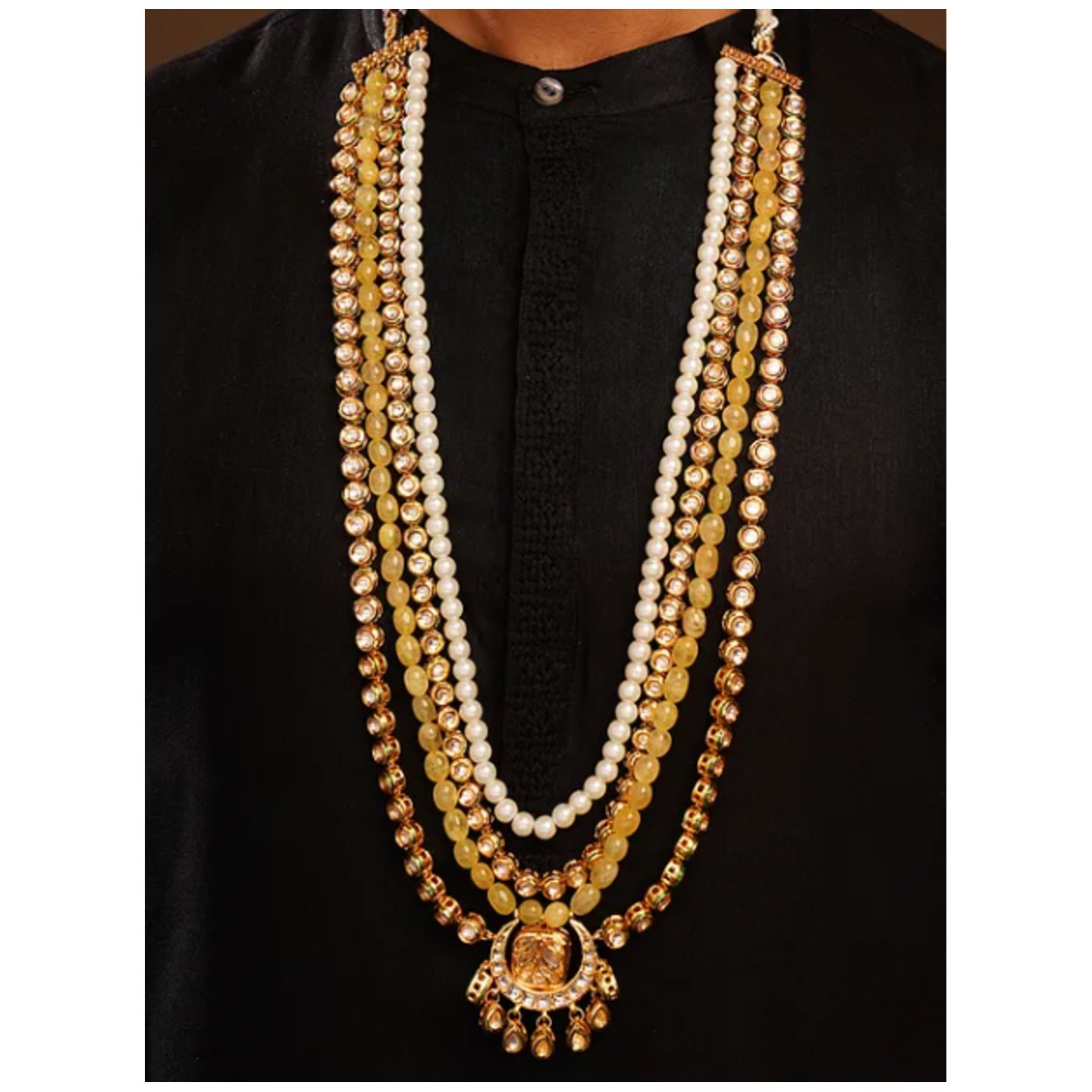 Yellow Gold Tone Kundan Layered Necklace With Peral For Men