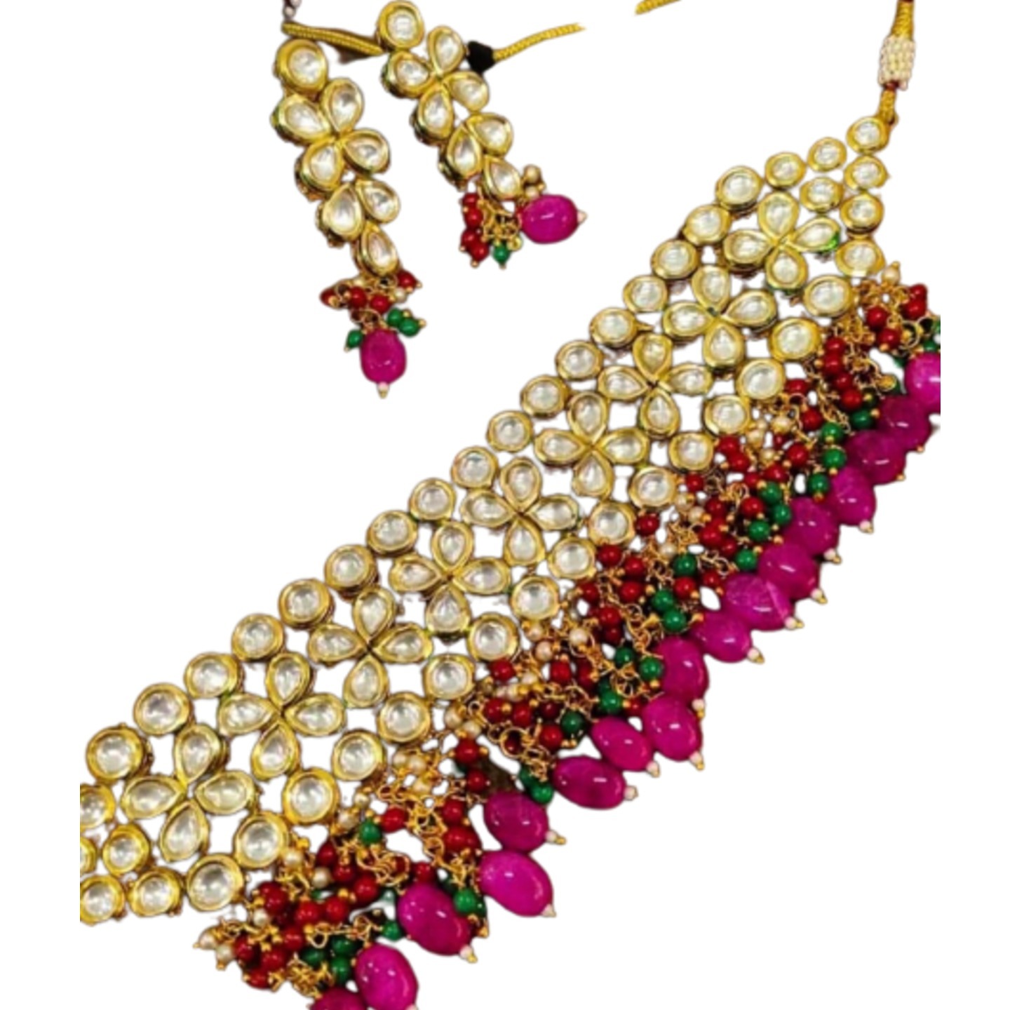 Pink Stone Gold Tone Kundan Necklace Set With Earring