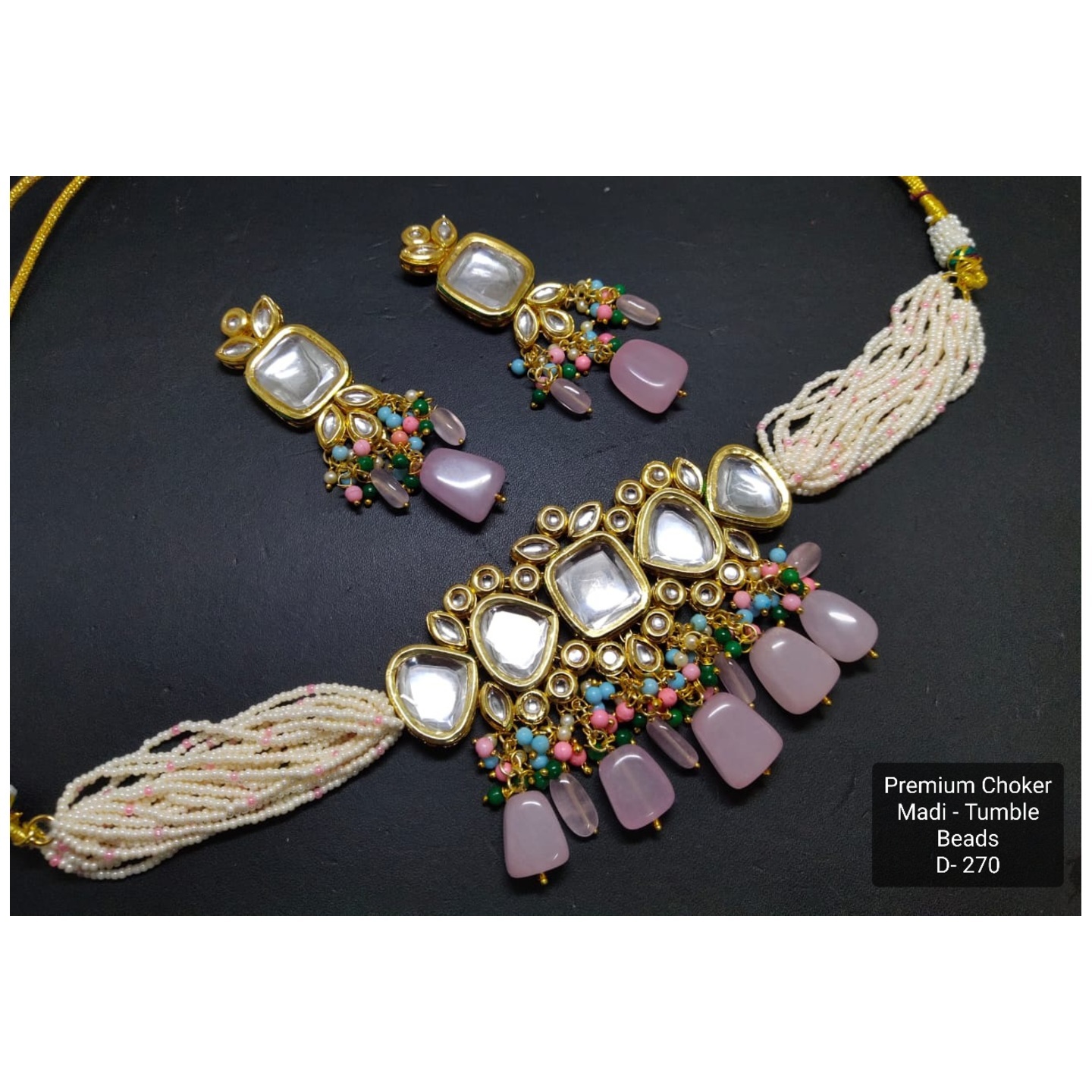 Pink Agate High Quality Kundan Poth Necklace Set