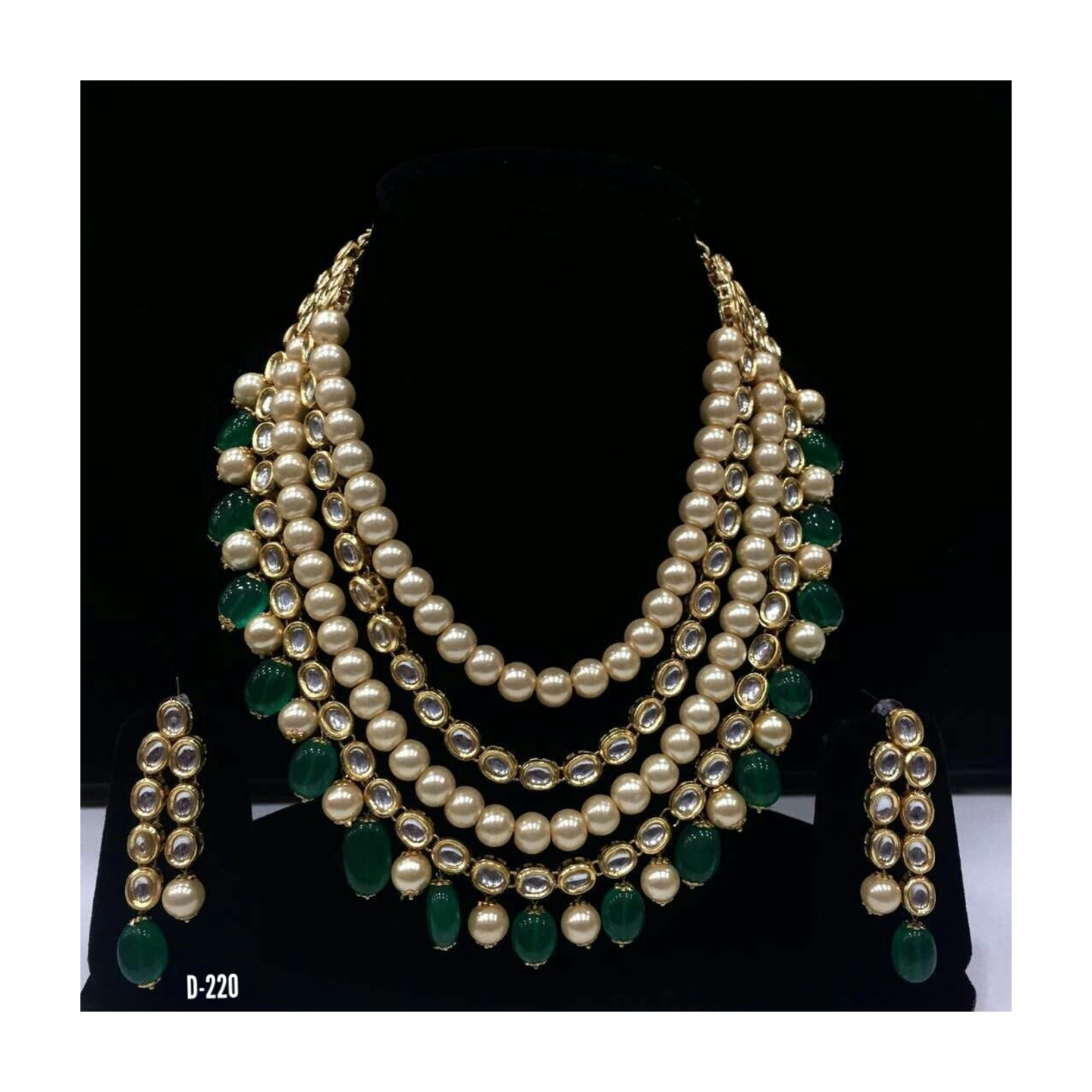 Kundan Triple Layer Necklace Set With Earring Green Onyx Stone