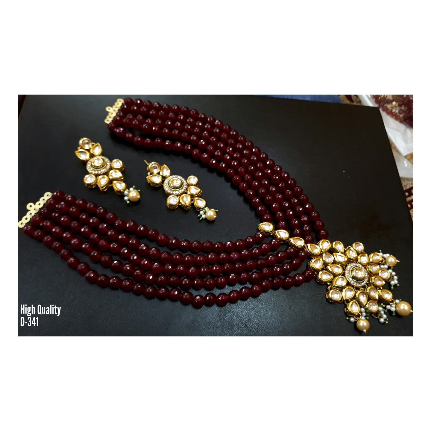 High Quality Kundan Necklace Set With Earring & Tikka Maroon Onyx  Pearl