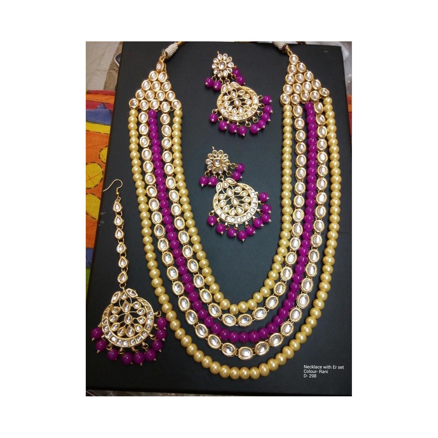 Kundan Long Necklace Set Earring &Tikka Rani Onyx Peral