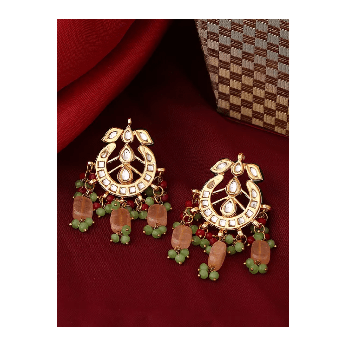 Peach Green Gold Tone Kundan Earring