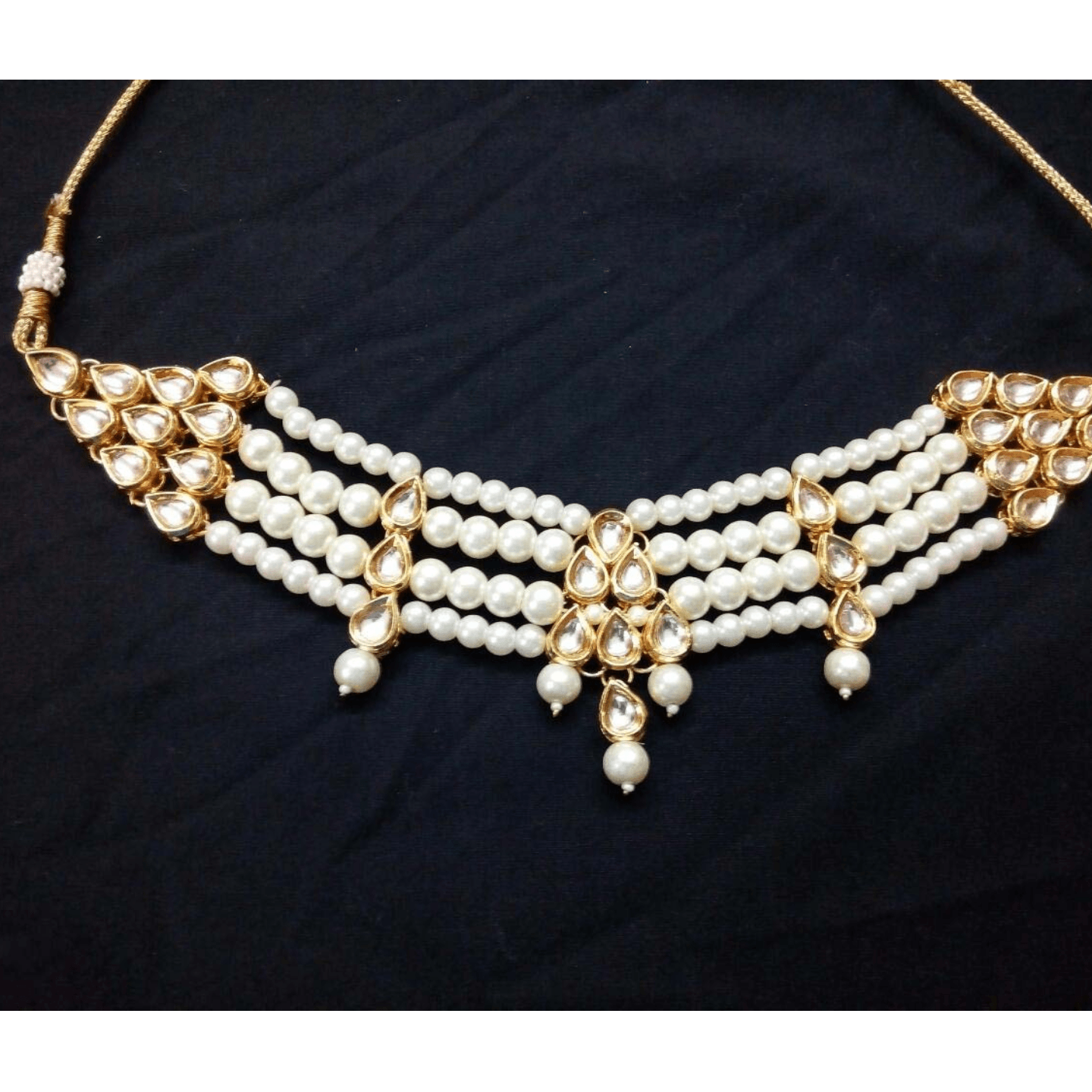 Gold Tone Kundan Necklace With White Onyx Pearls
