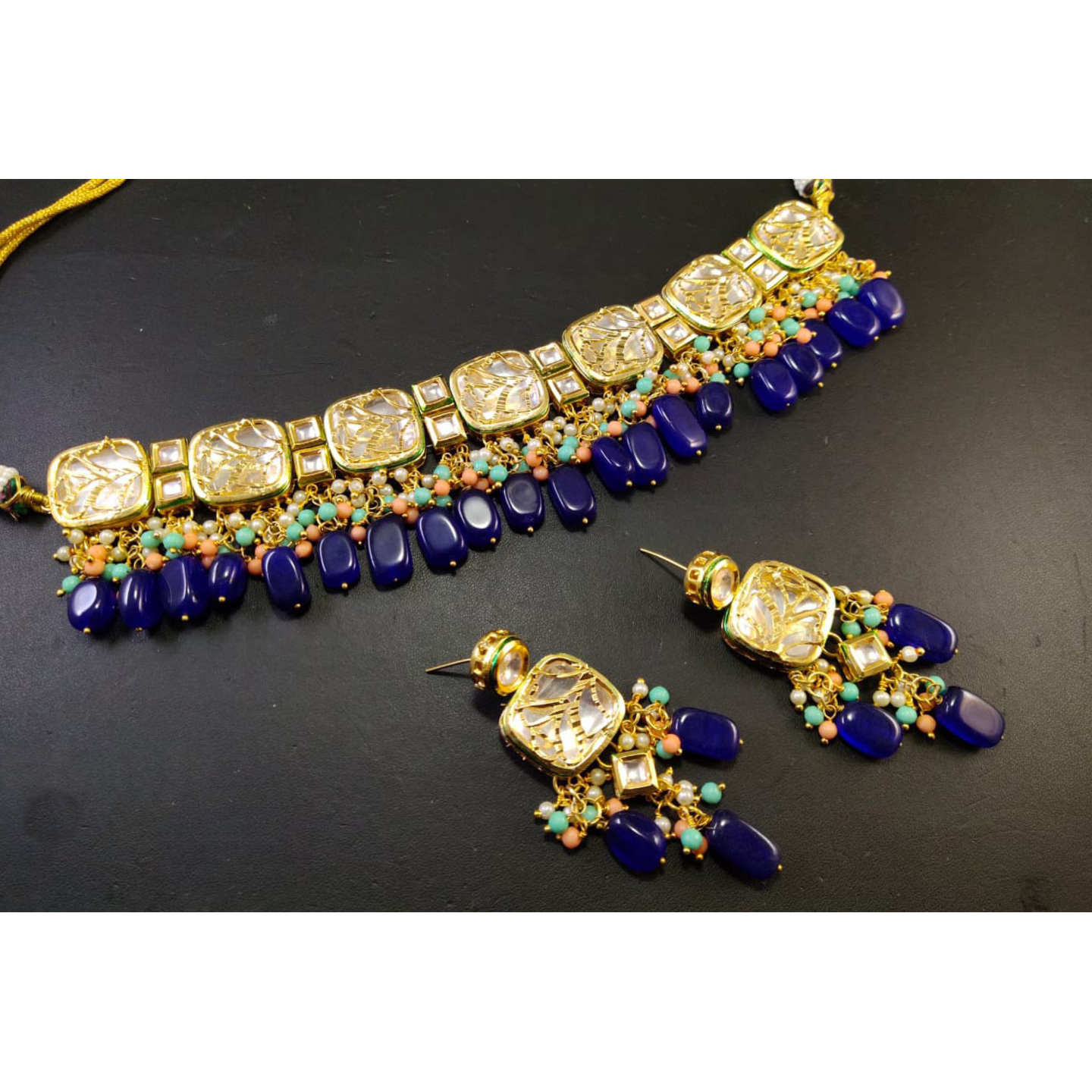 Gold Tone Kundan Necklace Set With Earring Blue Onyx Stone