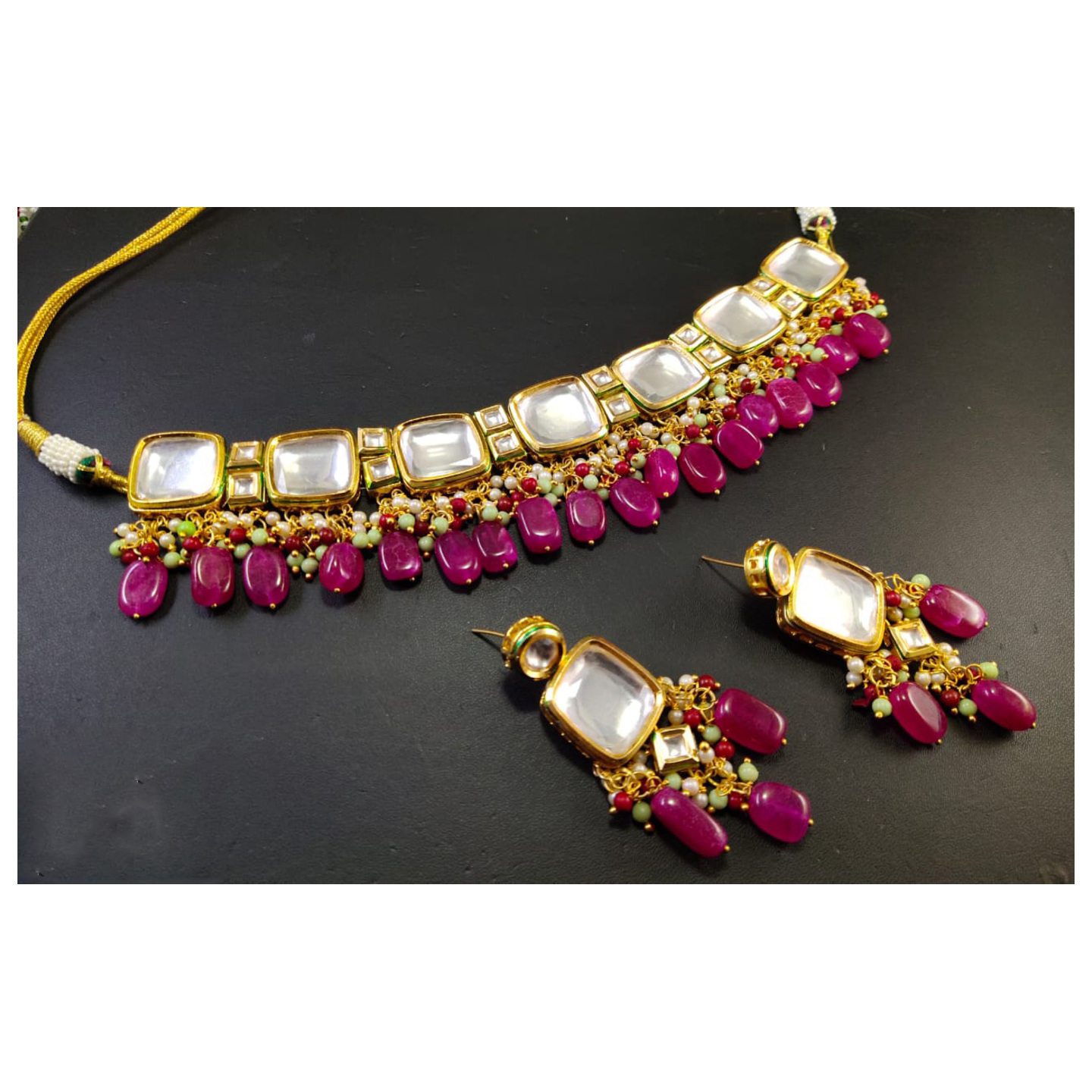 Gold Tone Kundan Necklace Set With Earring Purple Onyx Stone