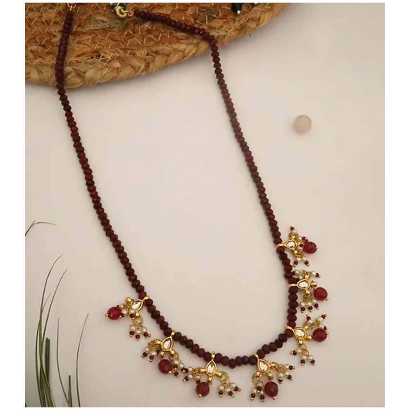 Maroon Gold Tone Kundan Beaded Necklace 