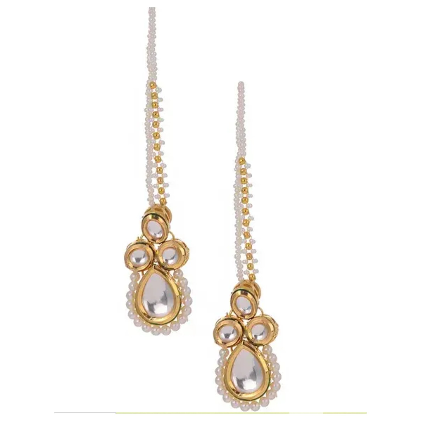 Gold Tone Pearl Beaded Kundan Earrings With Ear chains