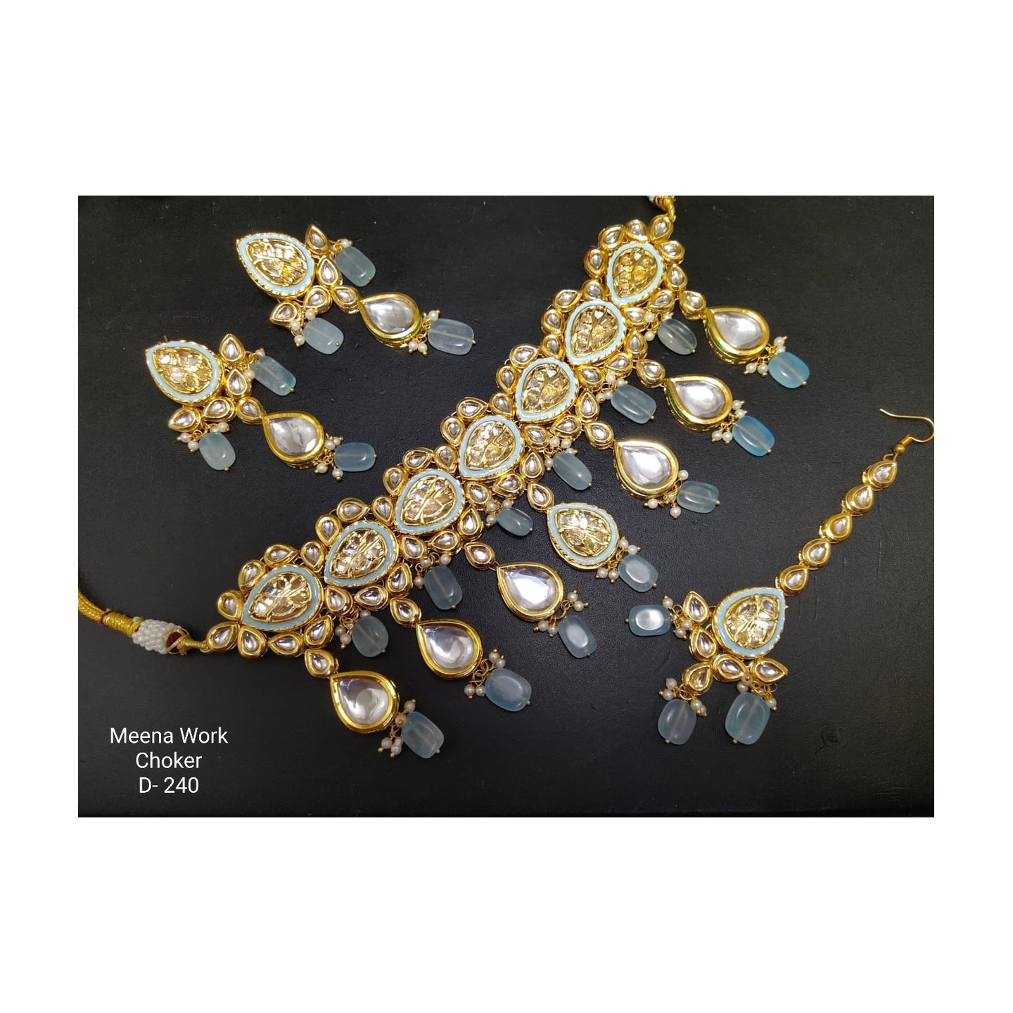 Kundan Choker Necklace Set With Earring ,Tikka Light Blue Stone