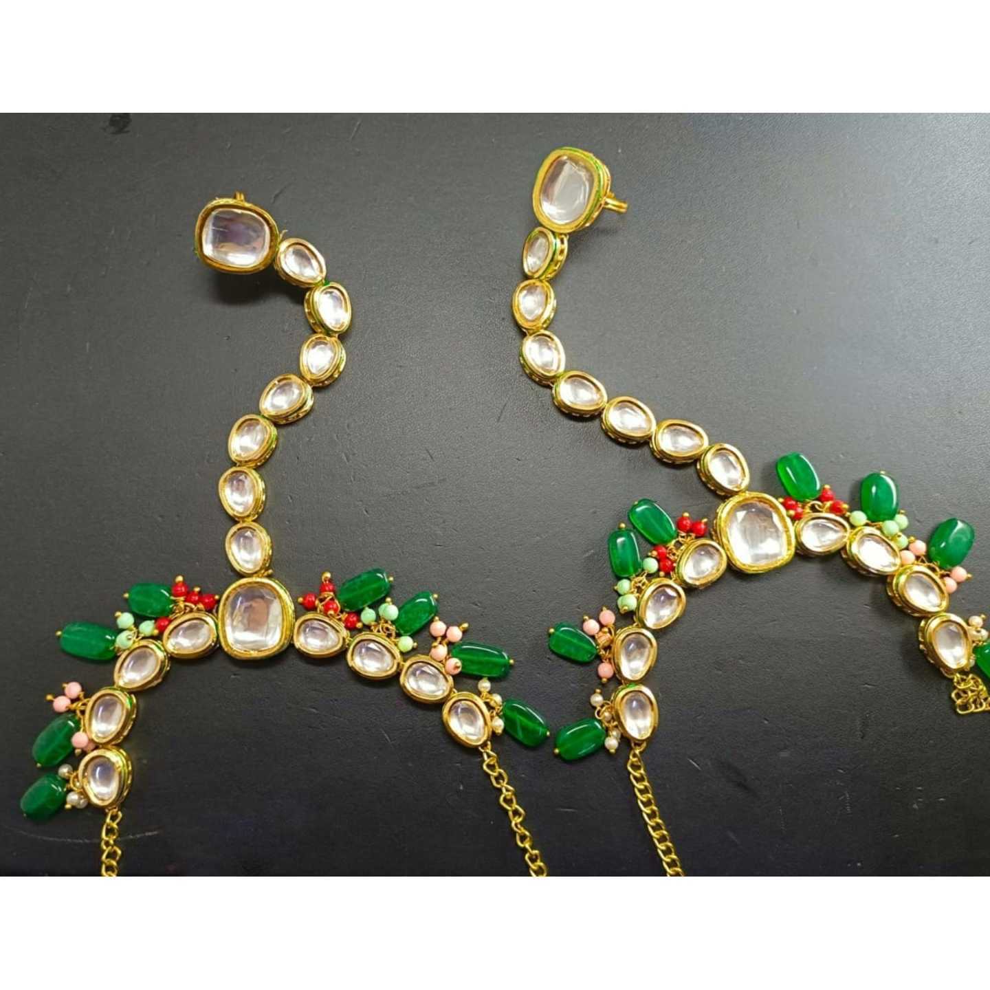 Green Gold Tone Kundan HathPhool Onyx Stone