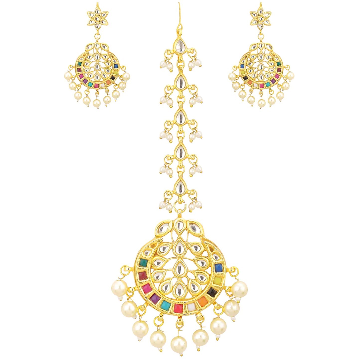 Gold Tone Kundan Tikka With Earring Onyx Pearls