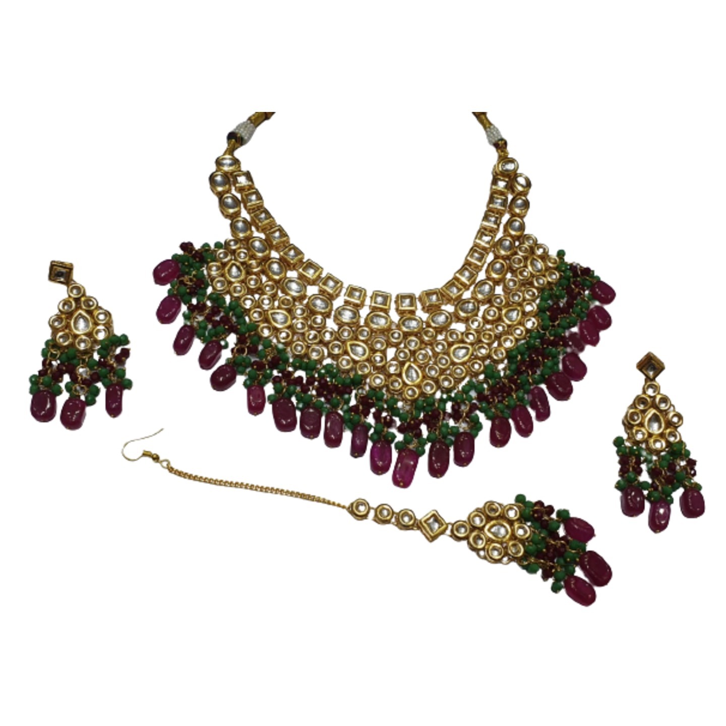 Gold Tone Kundan Necklace Set With Earring Tikka onyx Stone