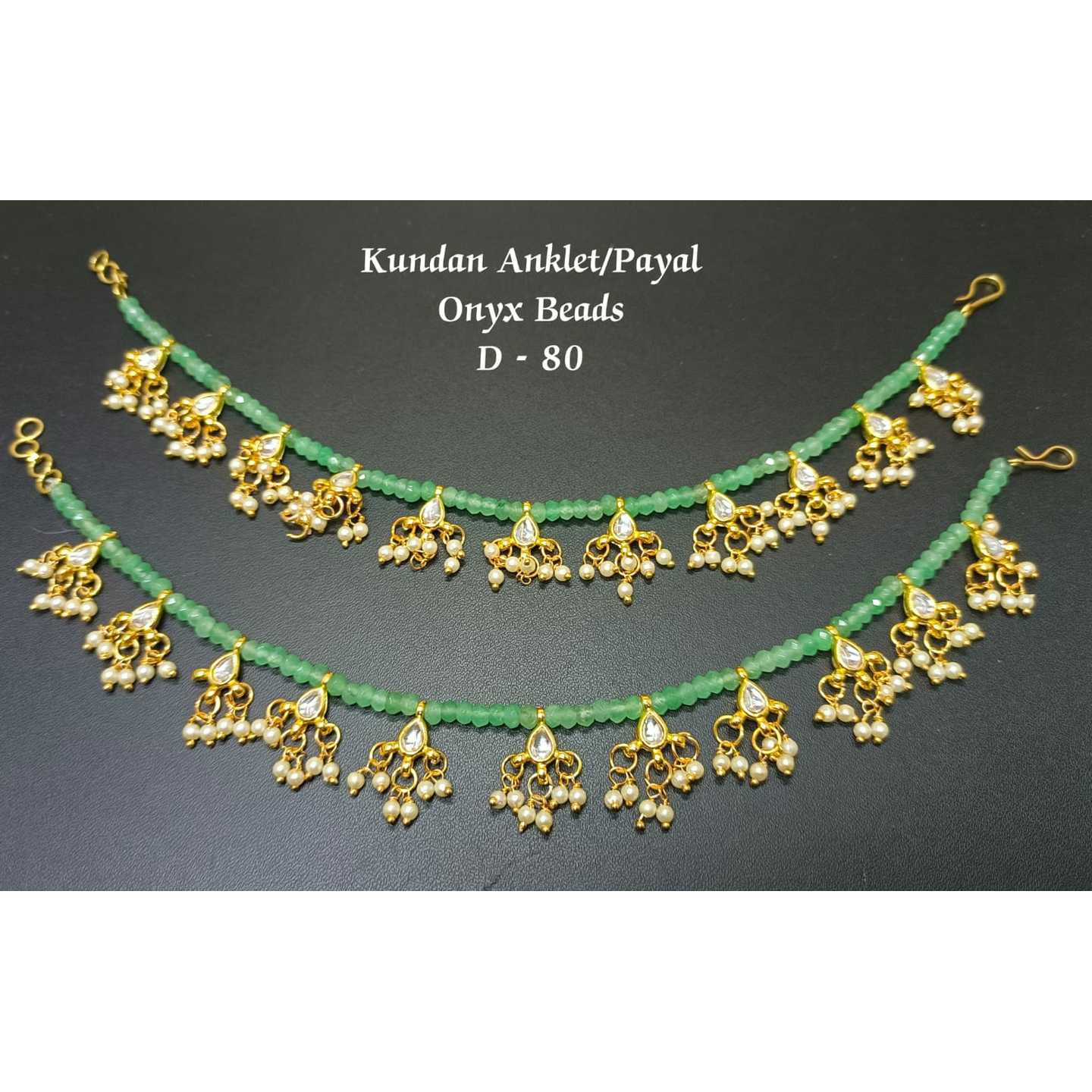 See Green Gold Tone Kundan Anklet Onyx Pearls