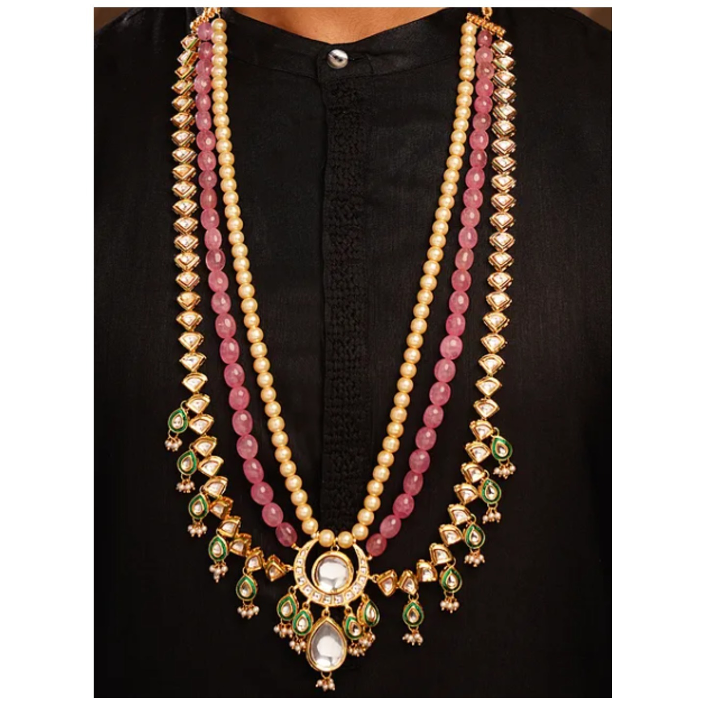 Pink Green Gold Tone Polki Necklace With Pearls For Men