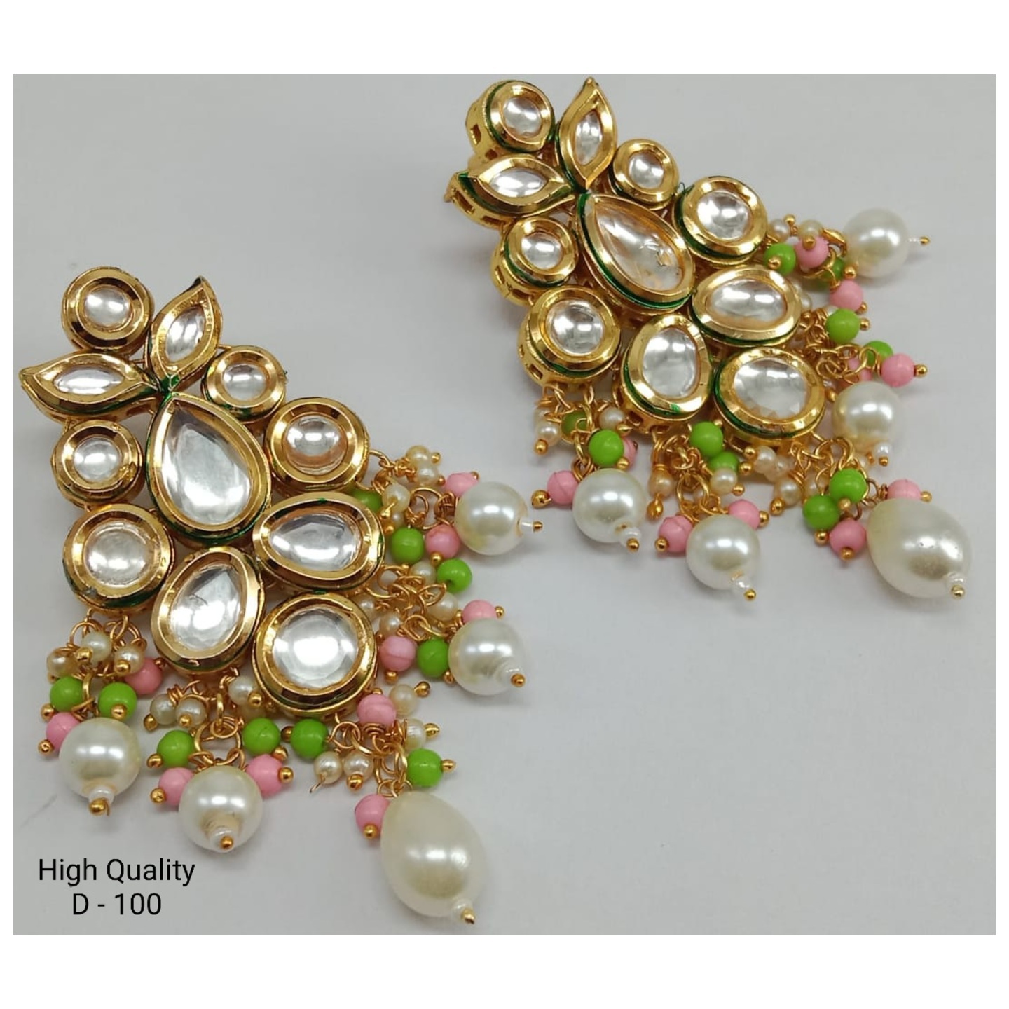 White Gold Tone Kundan Earring Onyx Pearls