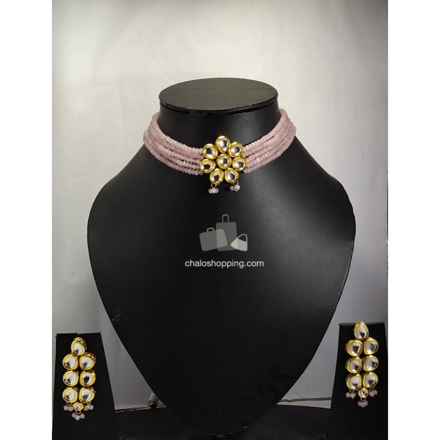 High Quality Kundan Baby Pink Onyx Choker with Earrings
