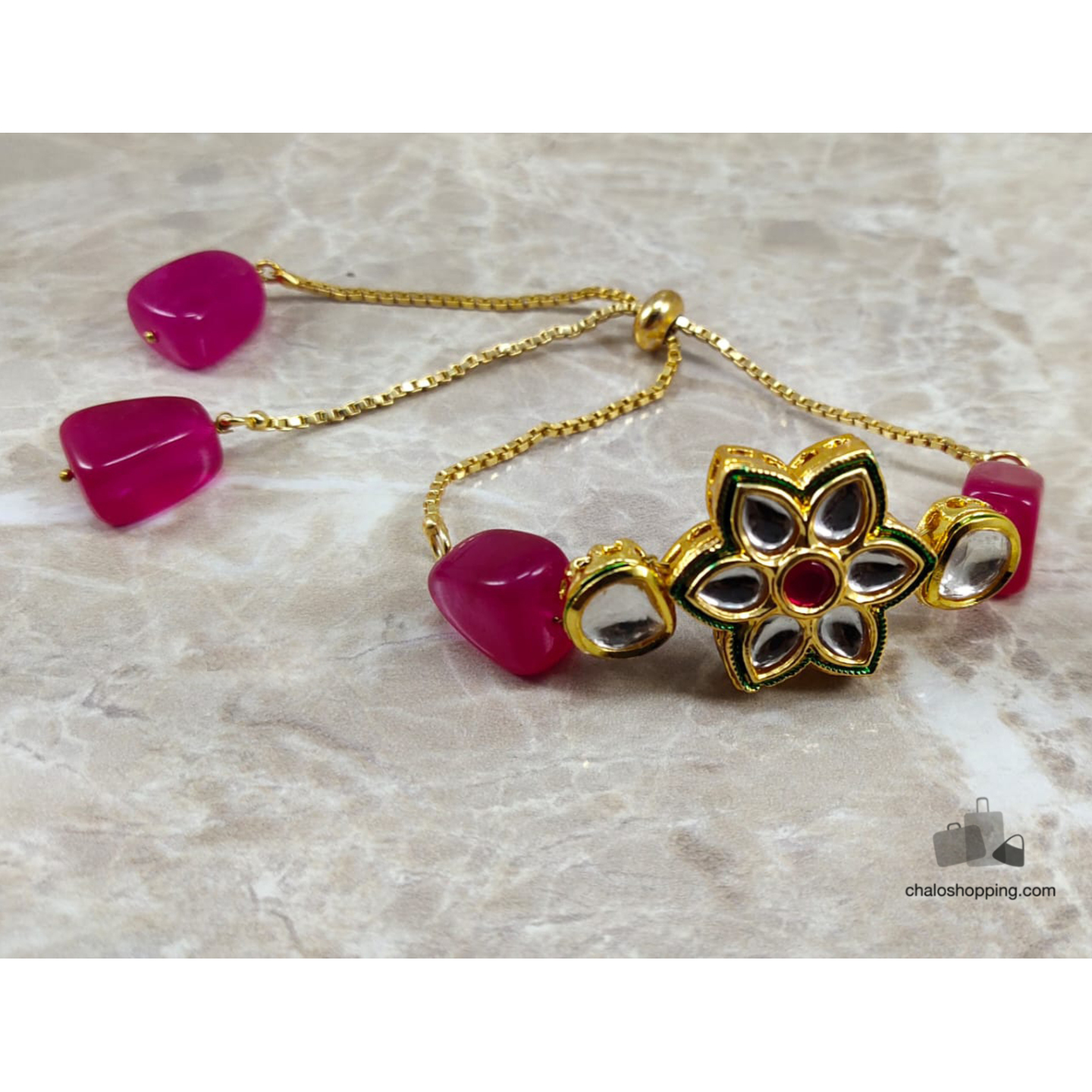 Onyx Stone Kundan Chain Bracelet - Fuscia