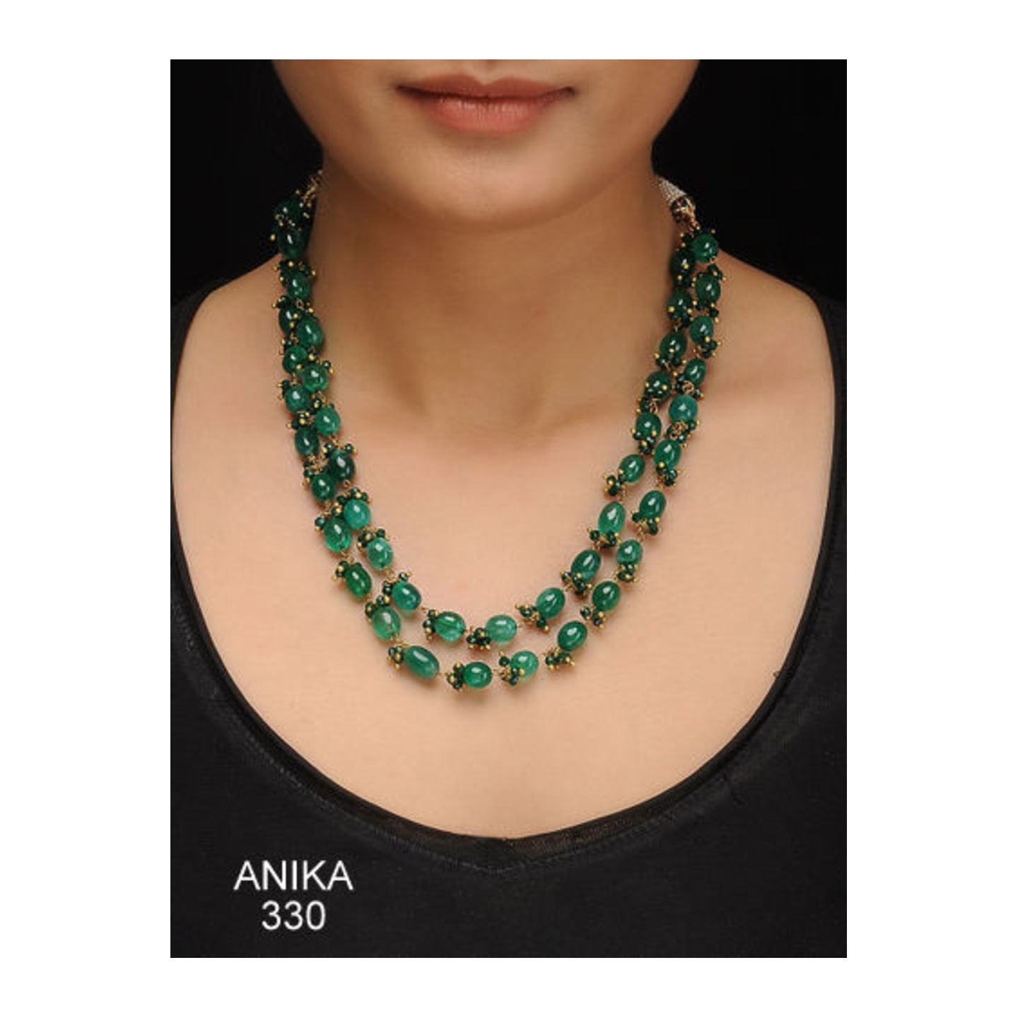 Kundan Double Layer Necklace Green Onyx Pearl