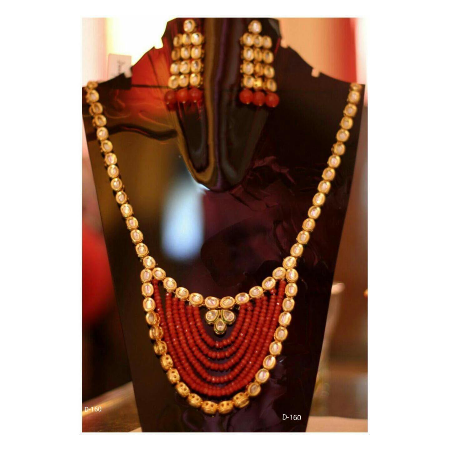 Kundan Long Necklace Set With Earring Red Onyx Pearl