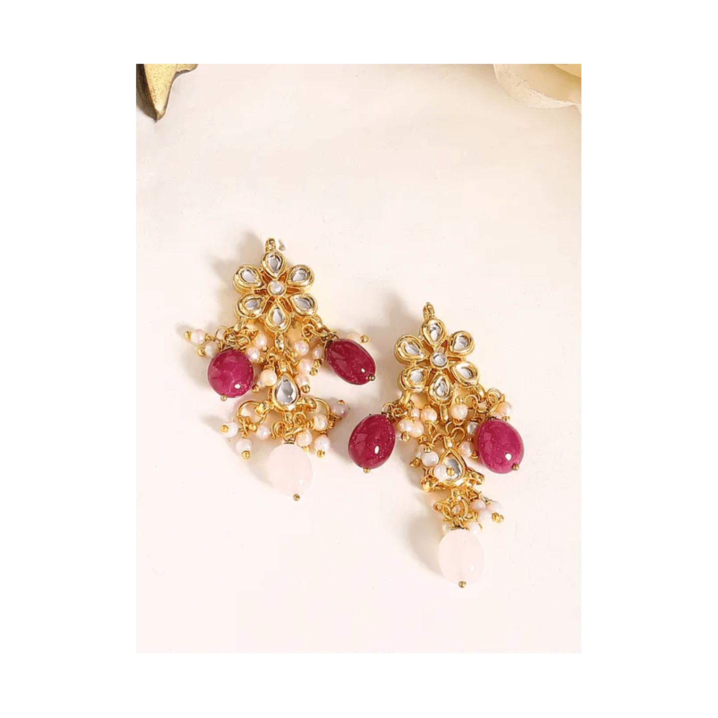 Pink White Gold Tone Kundan Earring