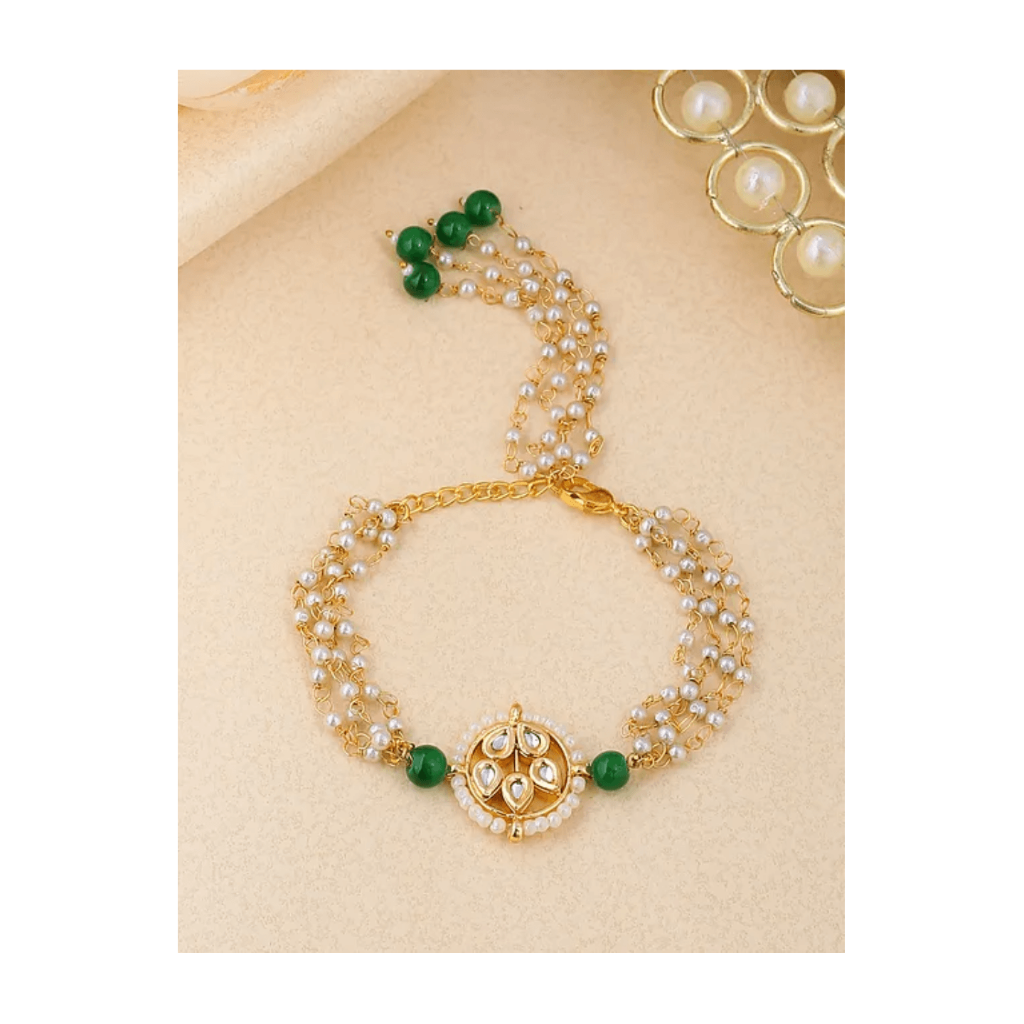Green White Gold Tone Kundan Beaded Bracelet