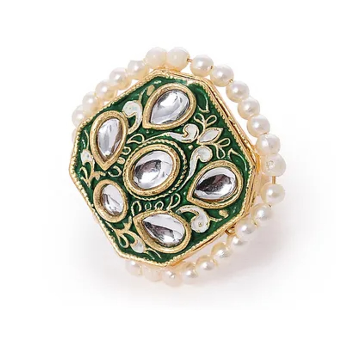 Green Gold Tone Enameled Kundan Adjustable Ring