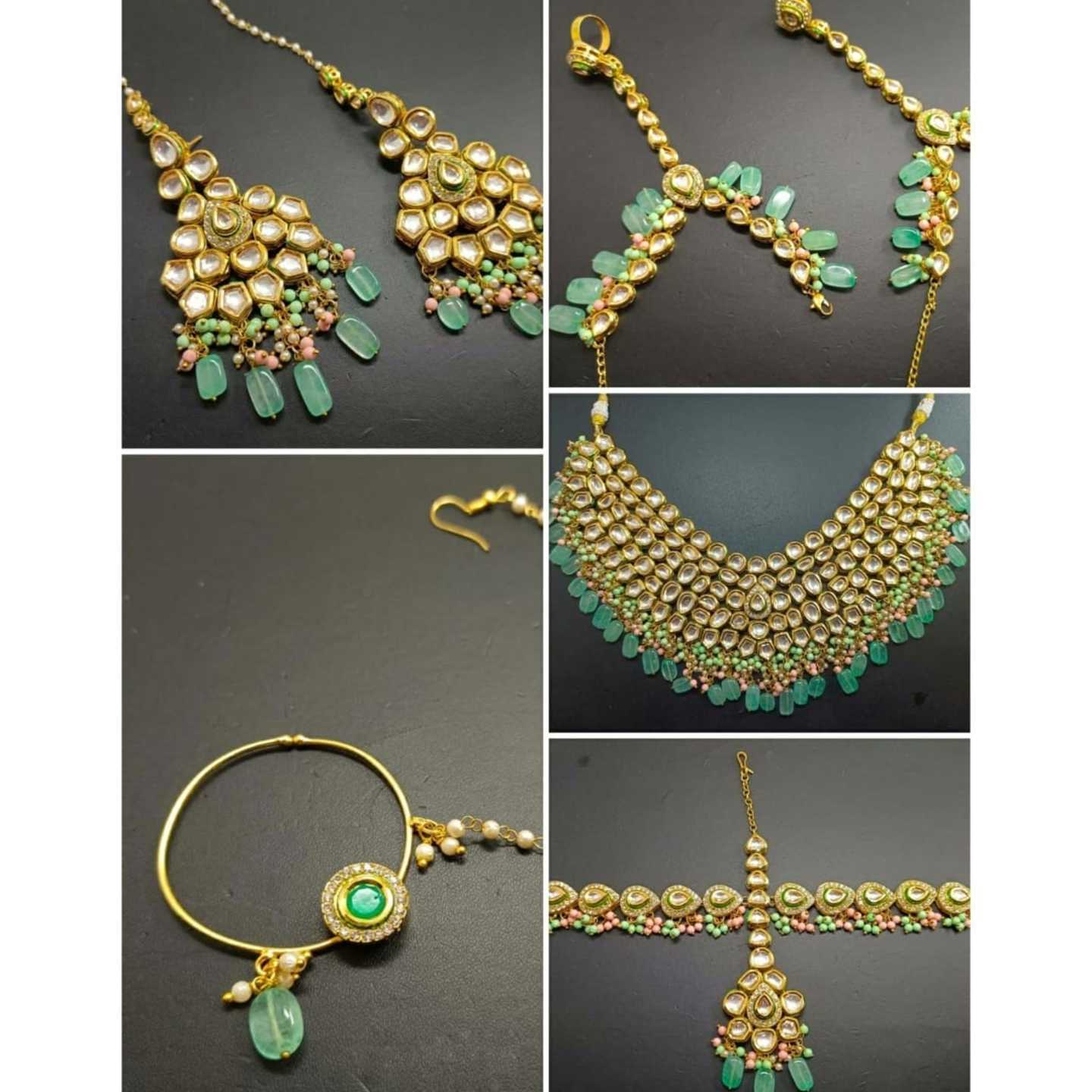 High Quality Kundan Polki Full Bridal Set with Sky Blue Onyx Stones