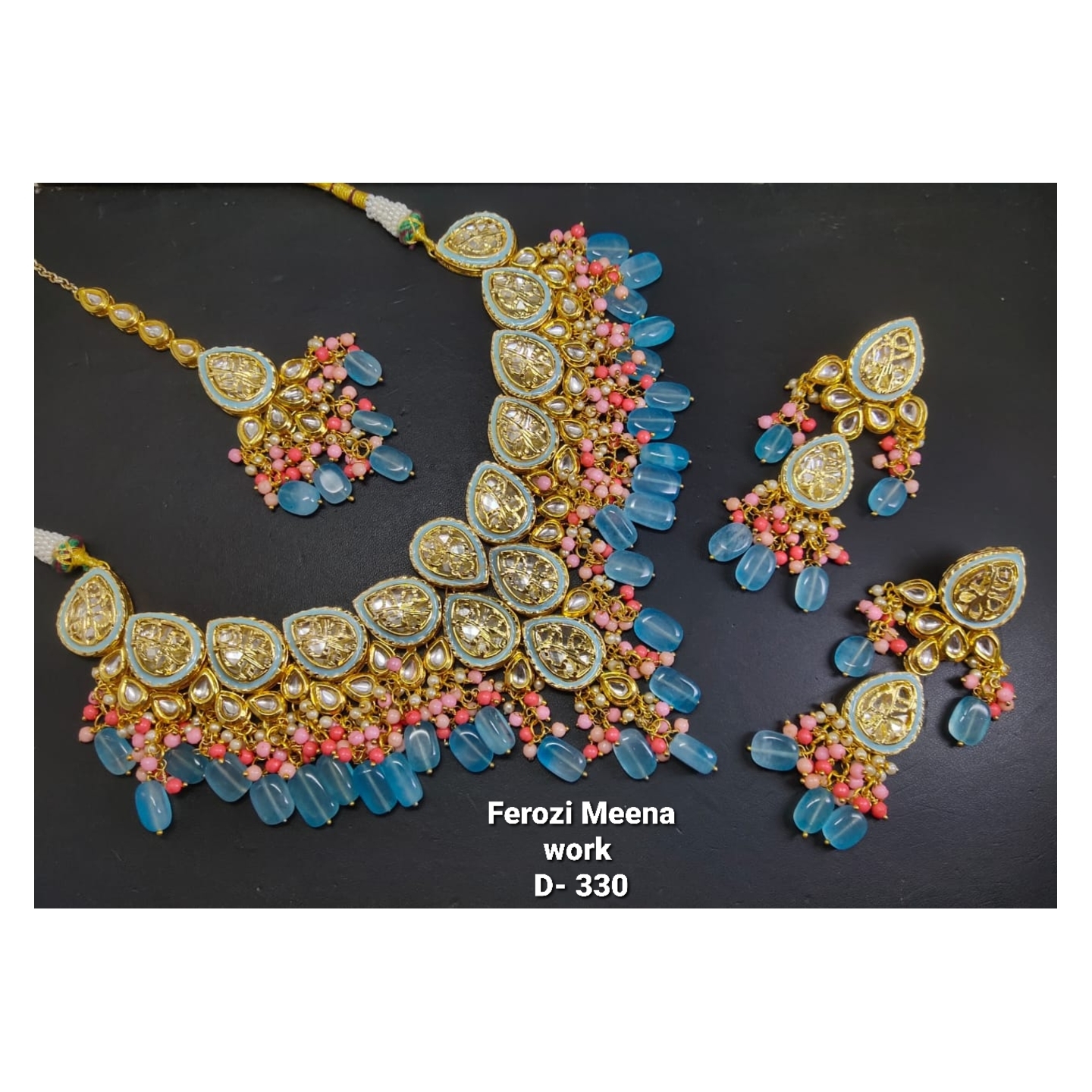 High Quality Kundan Necklace Set With Earring & Tikka Multi Color Ferozi Stone