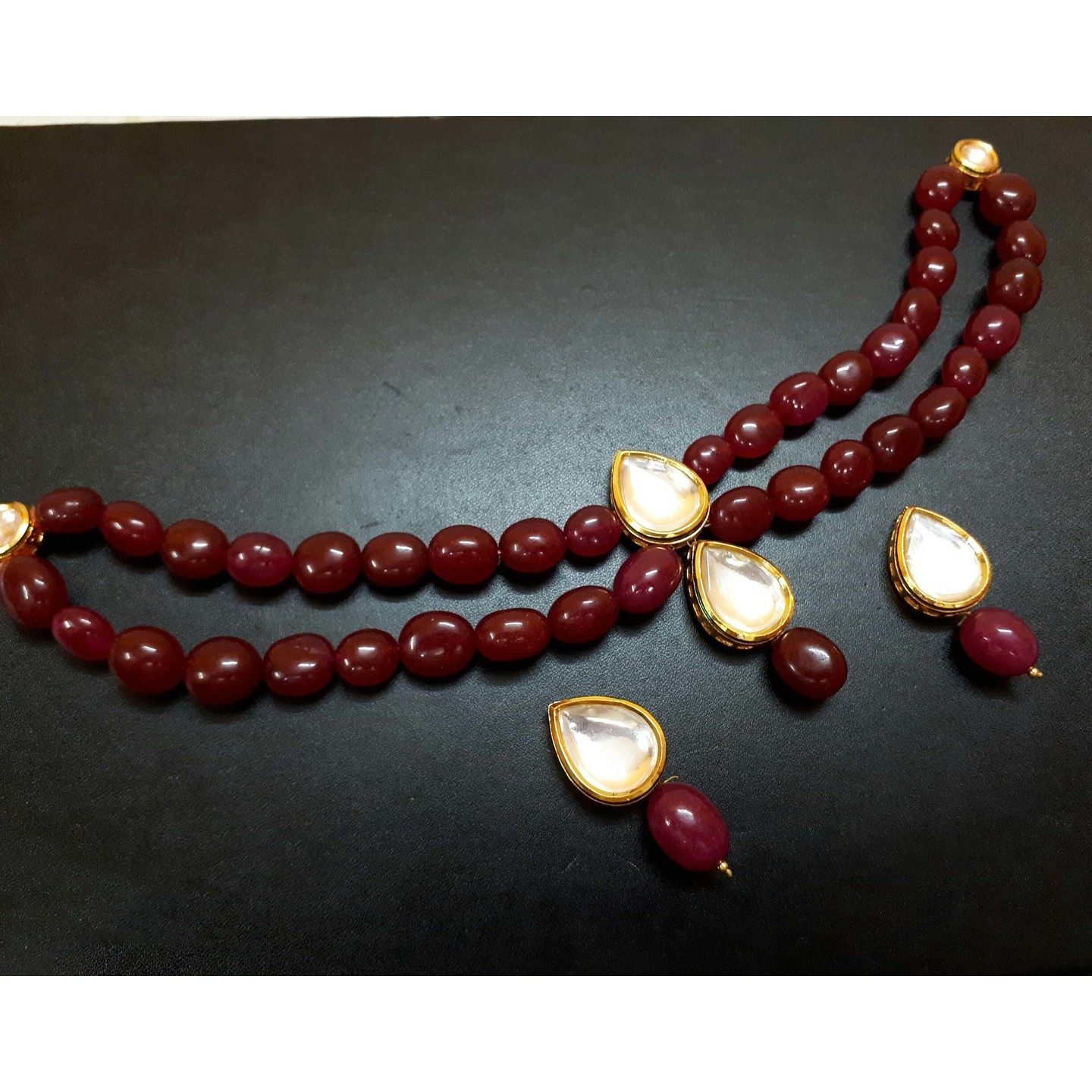 Ruby Maroon Gold Tone Kundan Earring Necklace Set With Earring