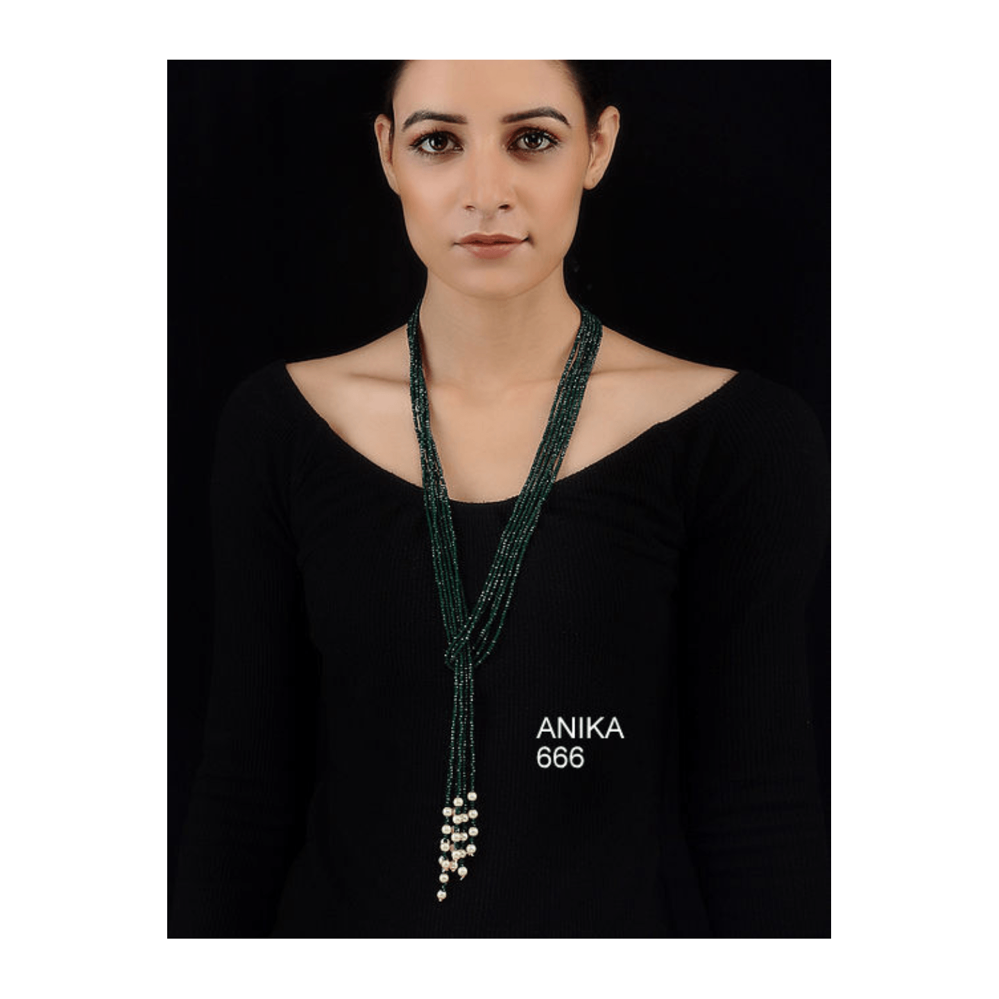 Kundan Necklace Long Set Green Crystal 
