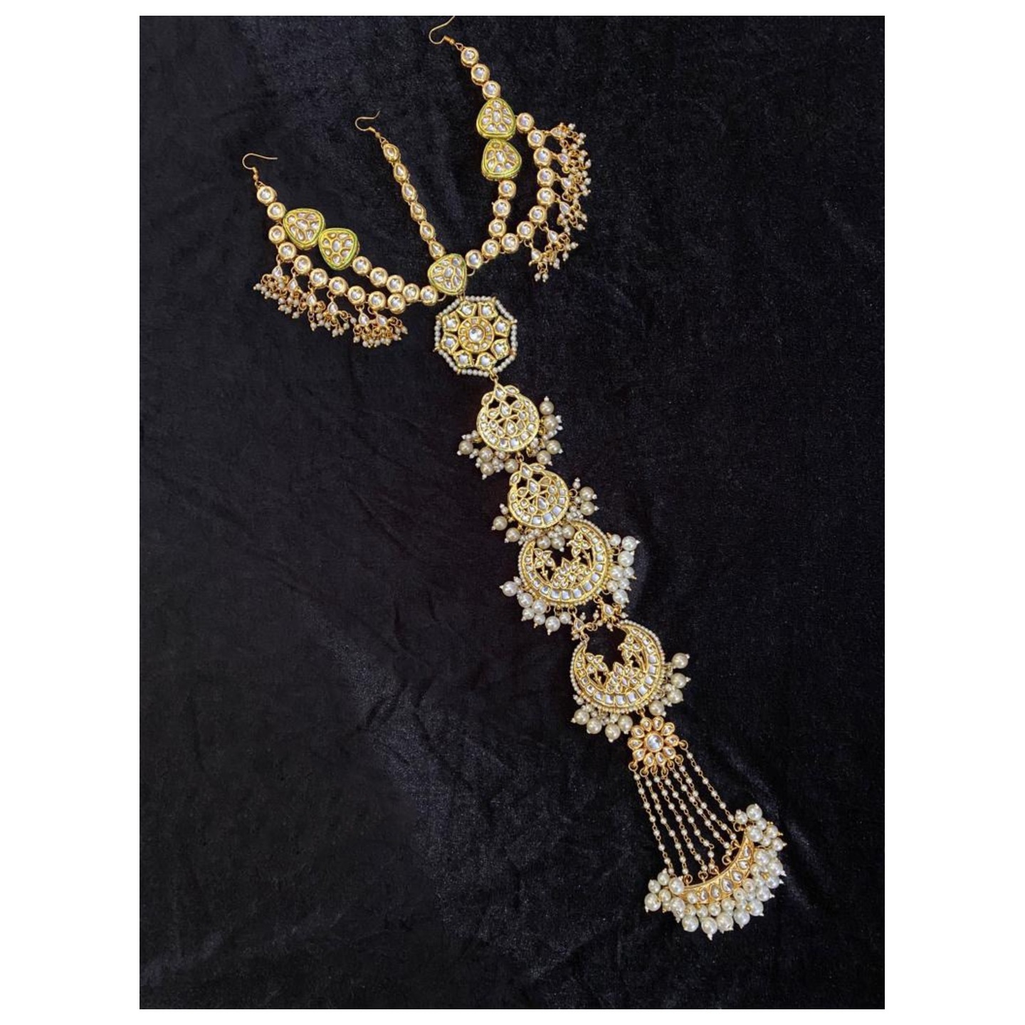 Gold Tone Kundan HathPhool  With White Onyx  Pearls